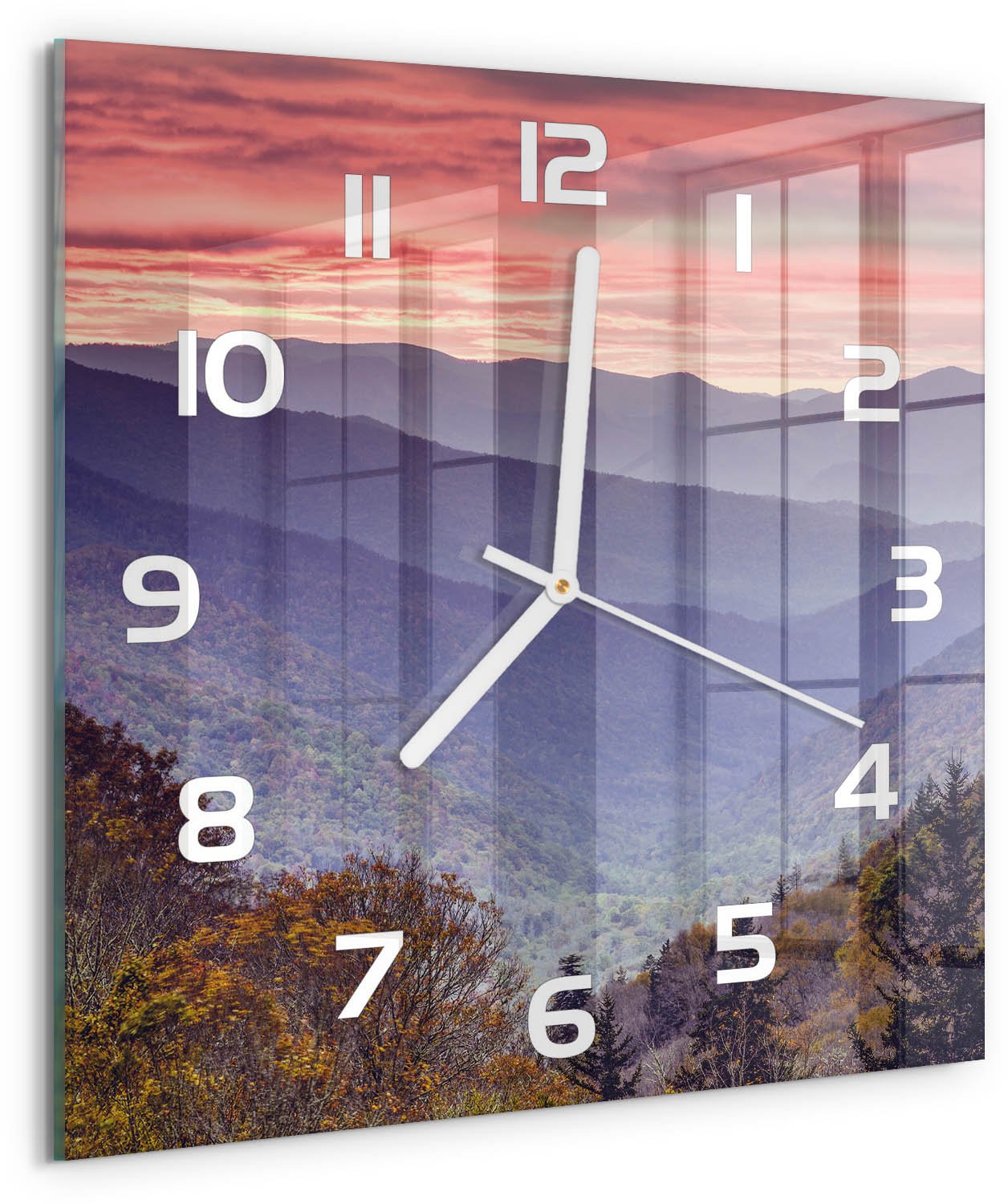 Tulup Wandklok - Bergen bij zonsondergang Klok Glas Met Opdruk - 30x30 cm - Oranje Moderne Wandklok Glas - Witte handen - Vierkante Klok - Decoratieve Glazen Klok - Glazen Wandklok Design