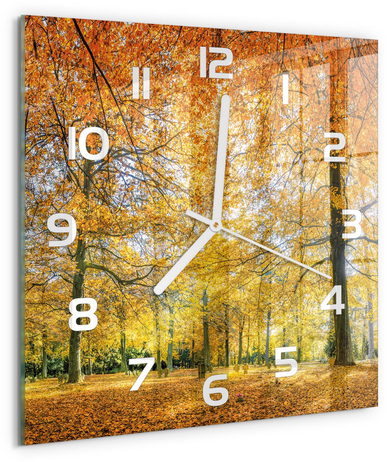 Tulup Wandklok - Herfstbos Moderne Wandklok Glas - 30x30 cm - Oranje Wandklok Glas Decoratie - Witte handen - Vierkante Klok - Glazen Wandklok Design - Klok Glas Met Opdruk