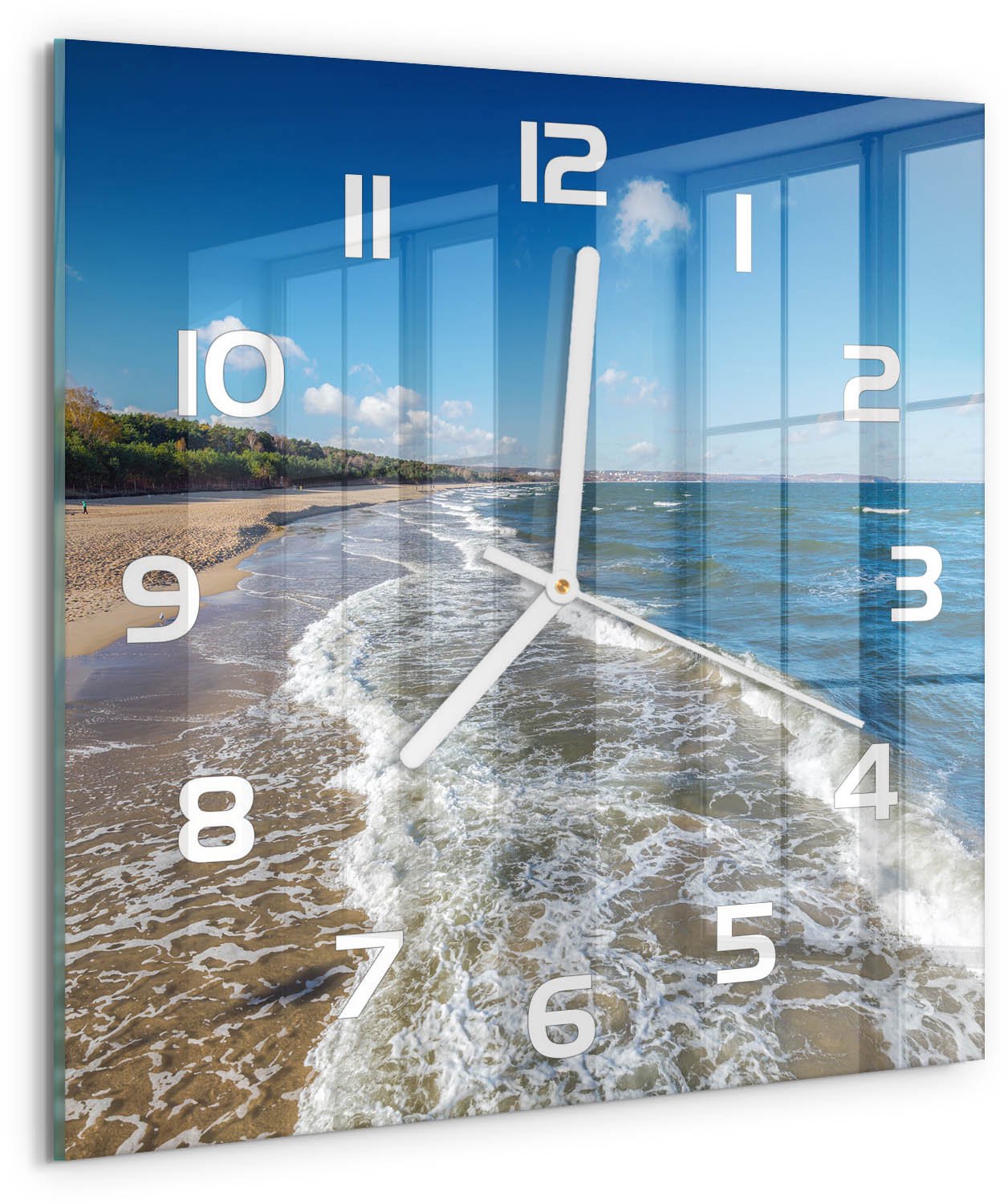 Tulup Wandklok - Oostzee Wandklok Glas Met Motief - 30x30 cm - Blauw Decoratieve Glazen Klok - Witte handen - Vierkante Klok - Gekleurde Glazen Klok - Glazen Klok Met Print