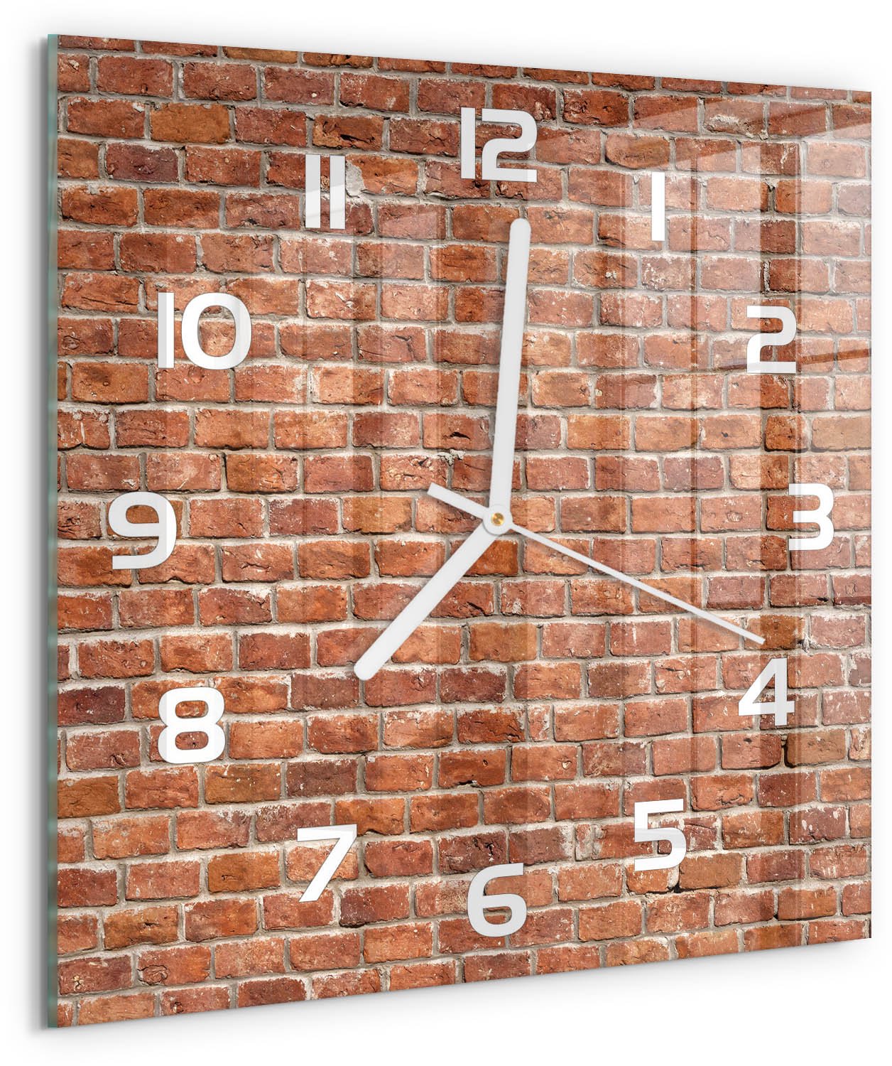TULUP Wandklok - Bakstenen muur Klok Glas Met Opdruk - 30x30 cm - Bruin Moderne Wandklok Glas - Witte handen - Vierkante Klok - Decoratieve Glazen Klok - Glazen Wandklok Design