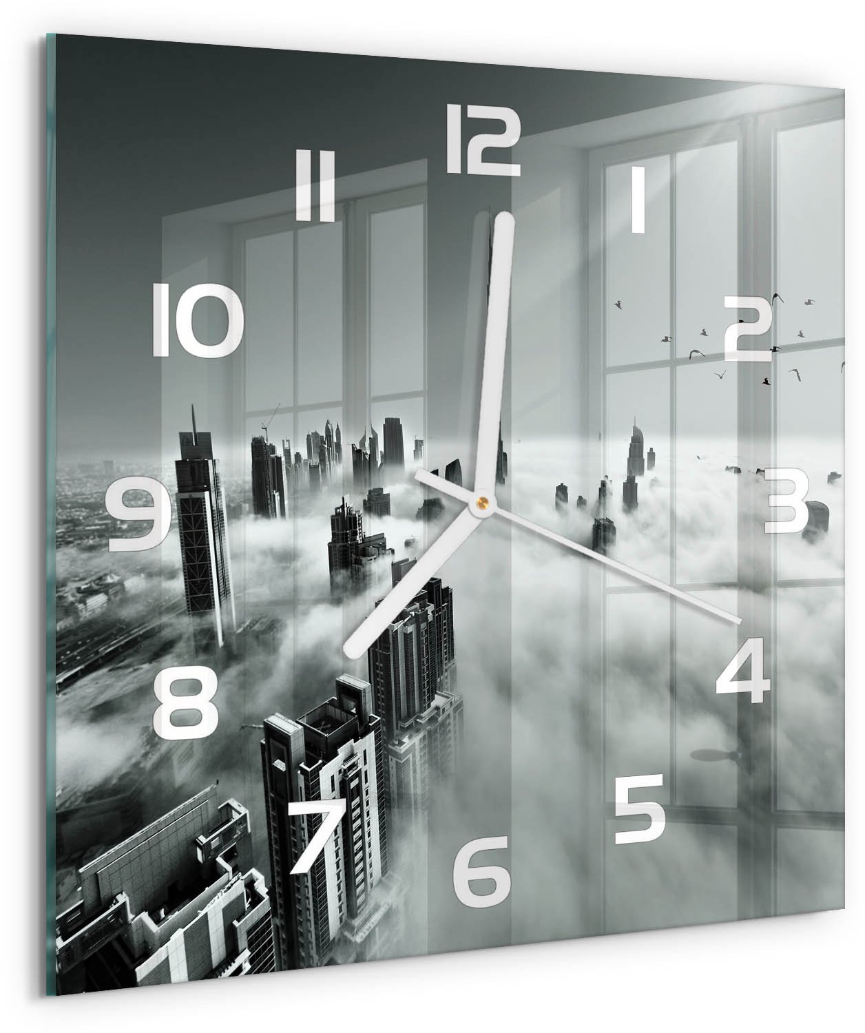 TULUP Wandklok - Mist boven Dubai Moderne Wandklok Glas - 30x30 cm - Zwart-wit Wandklok Glas Decoratie - Witte handen - Vierkante Klok - Glazen Wandklok Design - Klok Glas Met Opdruk