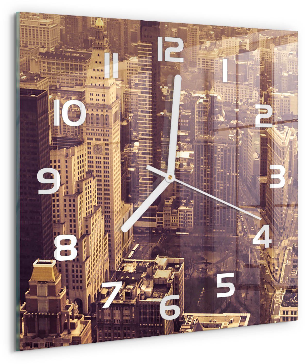 TULUP Wandklok - Manhattan, New York Glazen Wandklok Design - 30x30 cm - Geel Klok Glas Met Opdruk - Witte handen - Vierkante Klok - Wandklok Glas Met Motief - Decoratieve Glazen Klok