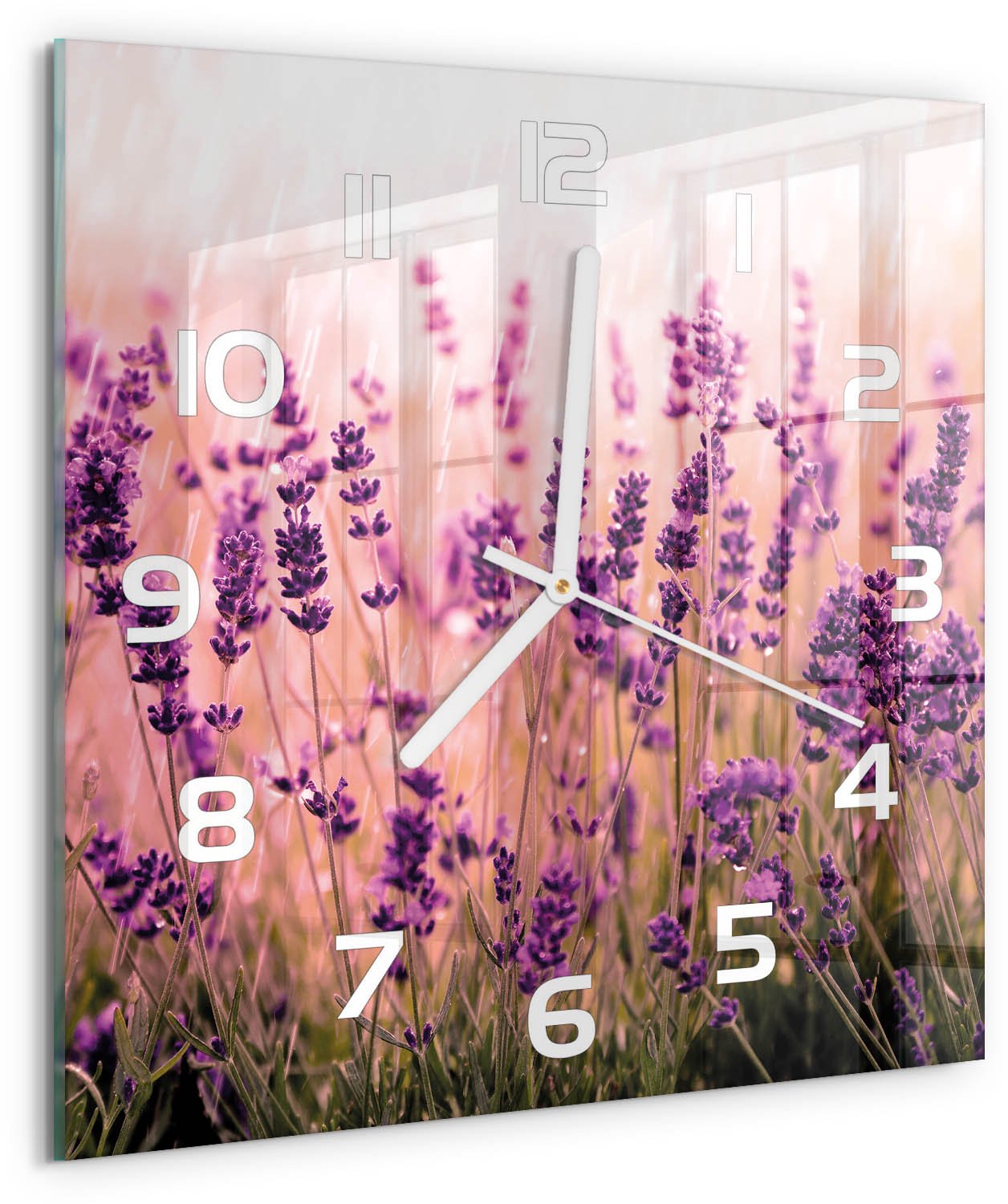 Tulup Wandklok - Lavendel Gekleurde Glazen Klok - 30x30 cm - Paars Glazen Klok Met Print - Witte handen - Vierkante Klok - Moderne Wandklok Glas - Wandklok Glas Decoratie