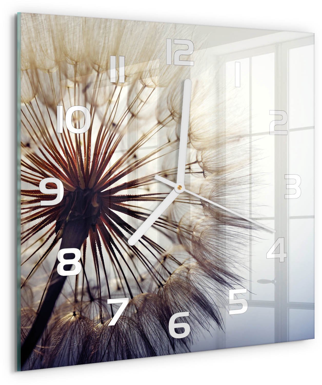 Tulup Wandklok - Paardebloem Gekleurde Glazen Klok - 30x30 cm - Wit Glazen Klok Met Print - Witte handen - Vierkante Klok - Moderne Wandklok Glas - Wandklok Glas Decoratie