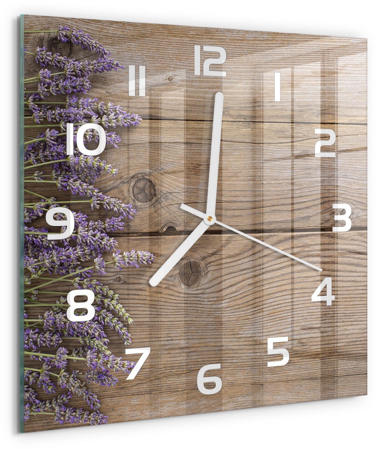 Tulup Wandklok - Lavendel op hout Klok Glas Met Opdruk - 30x30 cm - Bruin Moderne Wandklok Glas - Witte handen - Vierkante Klok - Decoratieve Glazen Klok - Glazen Wandklok Design