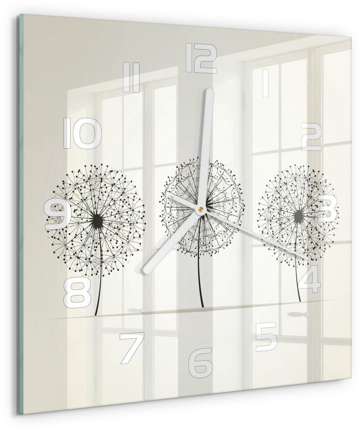 Tulup Wandklok - Paardenbloemtand Moderne Wandklok Glas - 30x30 cm - Beige Wandklok Glas Decoratie - Witte handen - Vierkante Klok - Glazen Wandklok Design - Klok Glas Met Opdruk