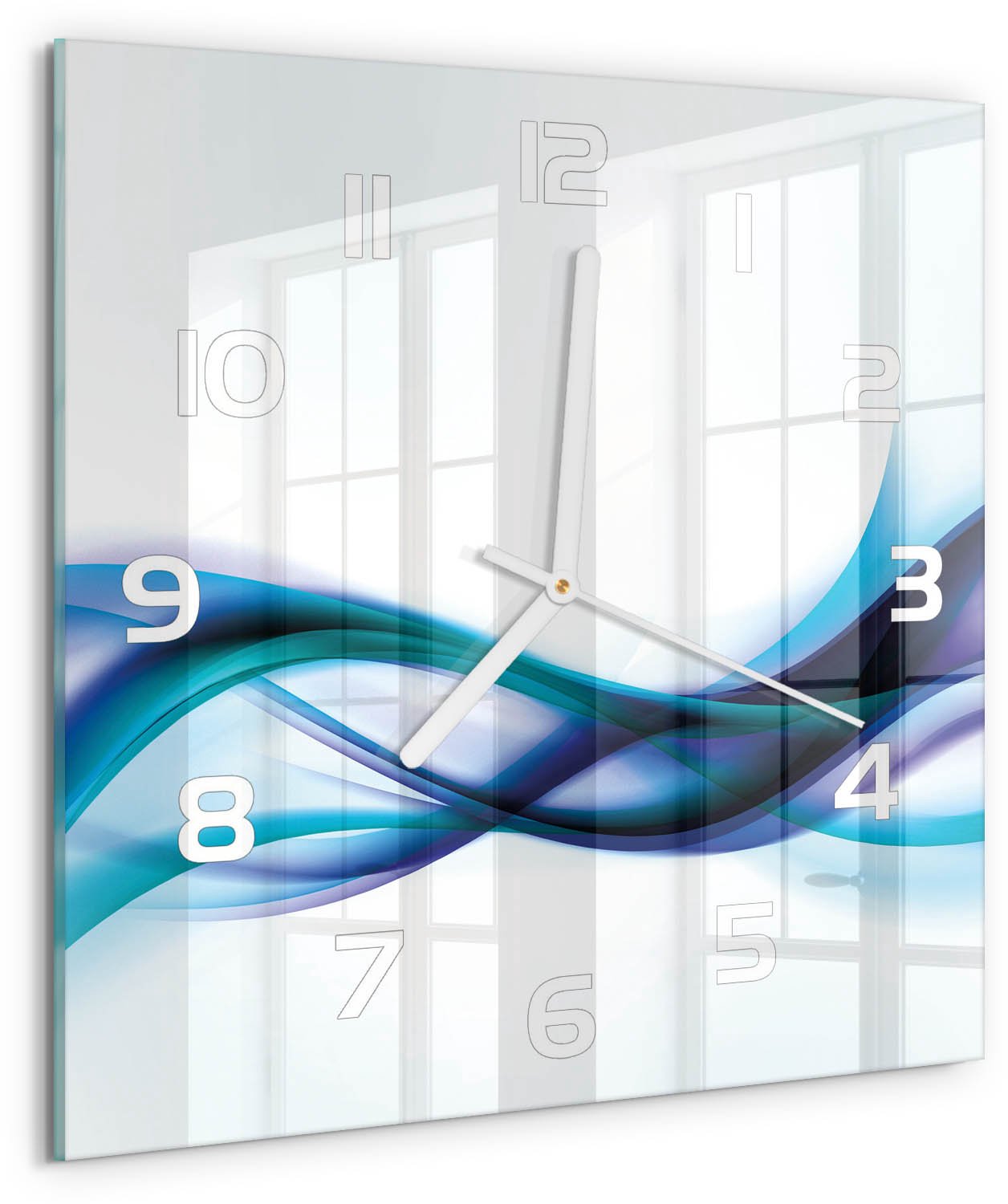 Tulup Wandklok - Golfabstractie Glazen Wandklok Design - 30x30 cm - Blauw Klok Glas Met Opdruk - Witte handen - Vierkante Klok - Wandklok Glas Met Motief - Decoratieve Glazen Klok