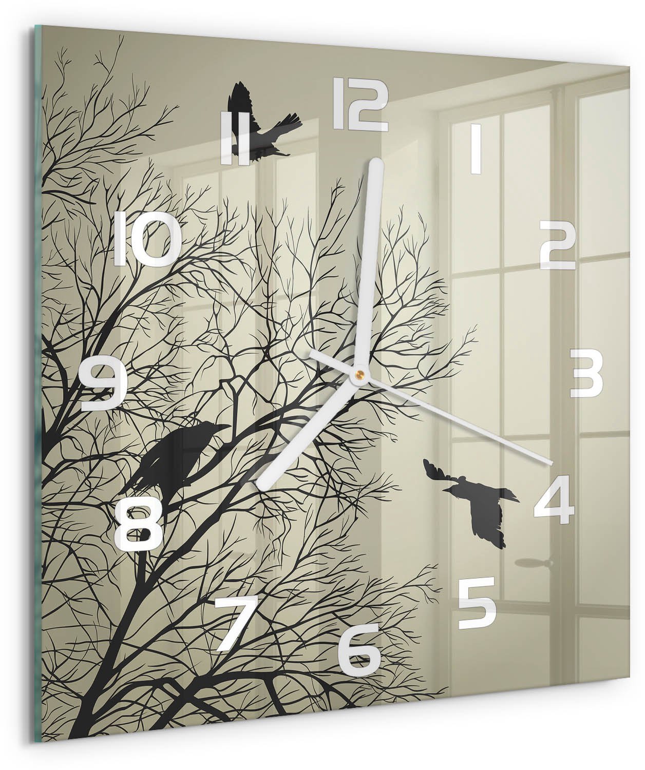 Tulup Wandklok - Raven in de boom Moderne Wandklok Glas - 30x30 cm - Beige Wandklok Glas Decoratie - Witte handen - Vierkante Klok - Glazen Wandklok Design - Klok Glas Met Opdruk