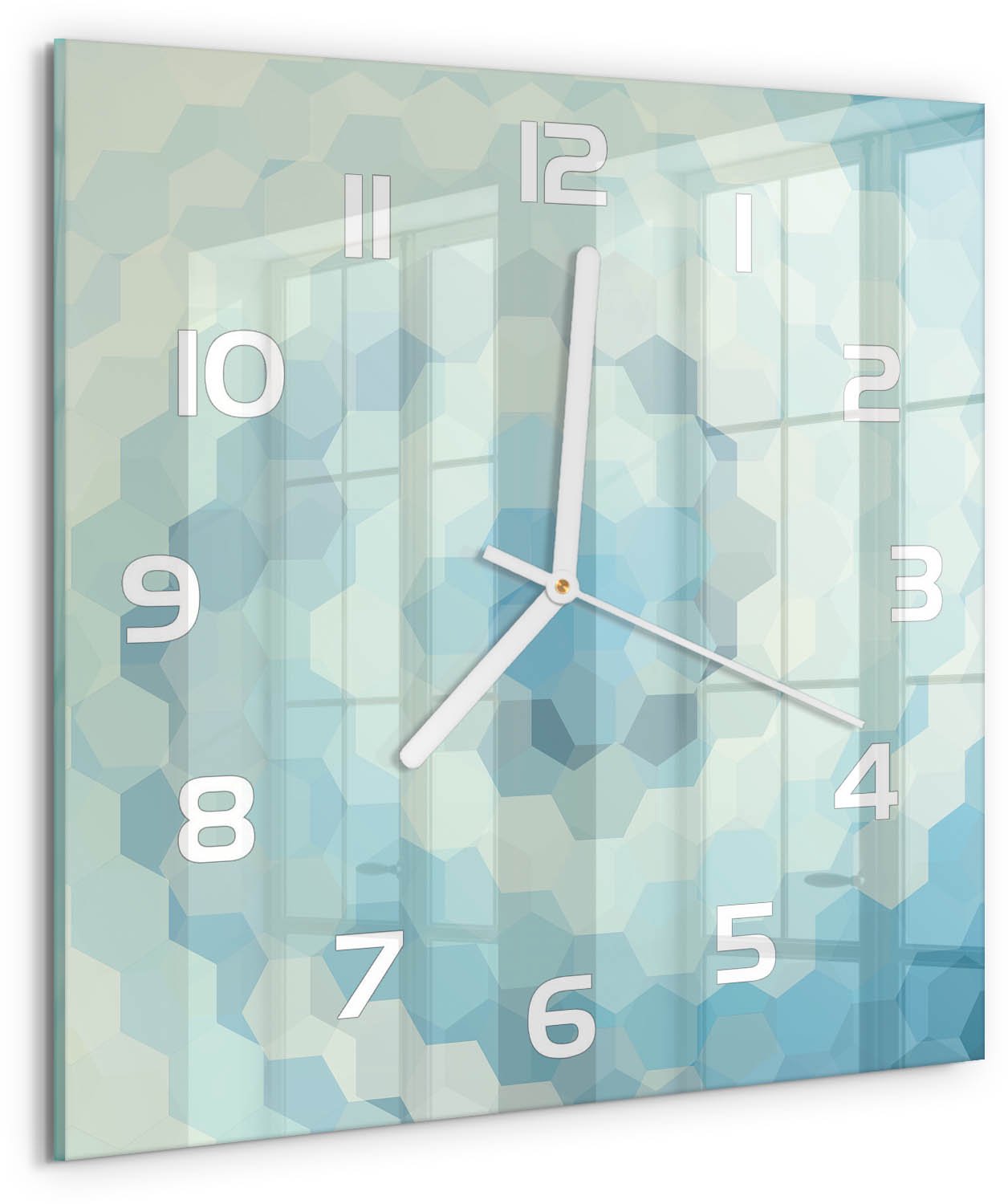 Tulup Wandklok - Abstracte achtergrond Wandklok Glas Decoratie - 30x30 cm - Blauw Gekleurde Glazen Klok - Witte handen - Vierkante Klok - Klok Glas Met Opdruk - Moderne Wandklok Glas