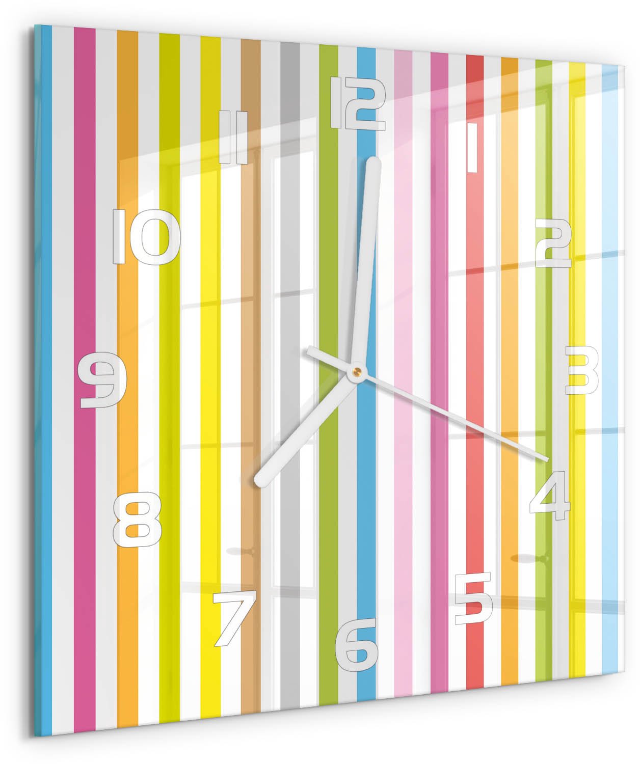 Tulup Wandklok - Kleurrijke strepen Moderne Wandklok Glas - 30x30 cm - Veelkleurig Wandklok Glas Decoratie - Witte handen - Vierkante Klok - Glazen Wandklok Design - Klok Glas Met Opdruk