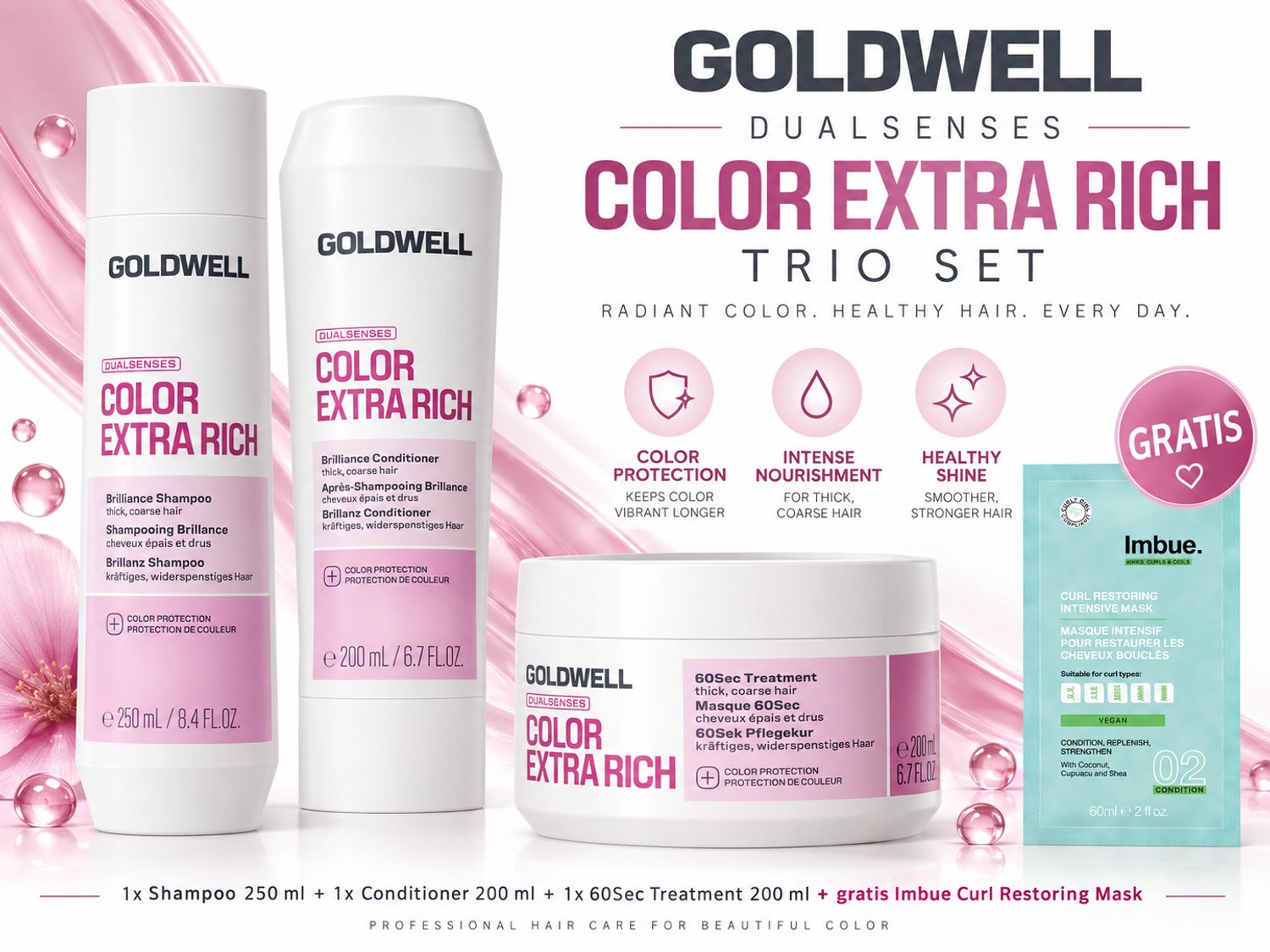 Goldwell Dualsenses Color Extra Rich Shampoo, Conditioner & 60Sec Treatment + Gratis Imbue Masker