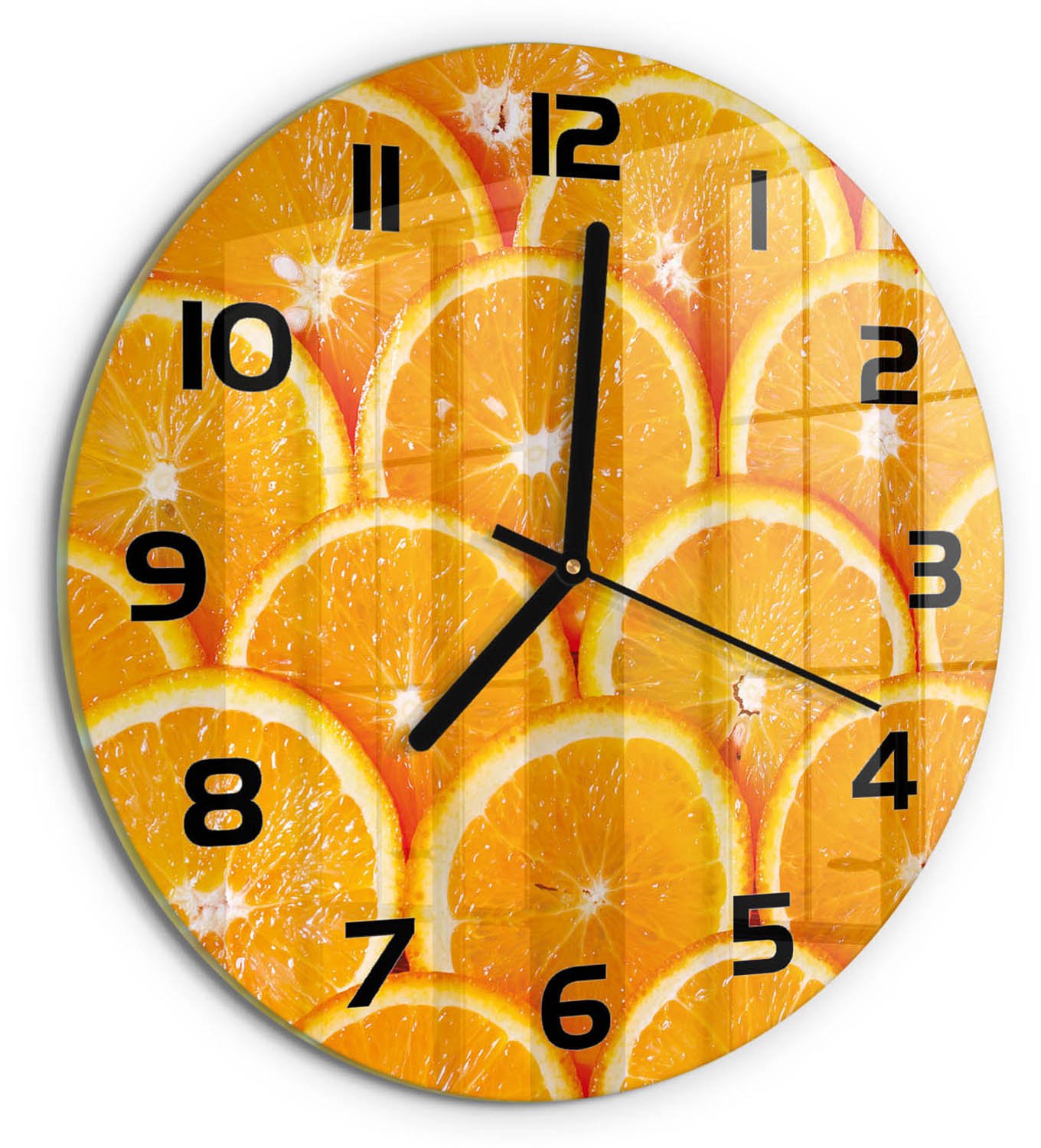 TULUP Wandklok - Sinaasappelschijfjes Decoratieve Glazen Klok - fi30 cm - Oranje Glazen Wandklok Design - Zwarte handen - Ronde Klok - Glazen Klok Met Print - Wandklok Glas Met Motief