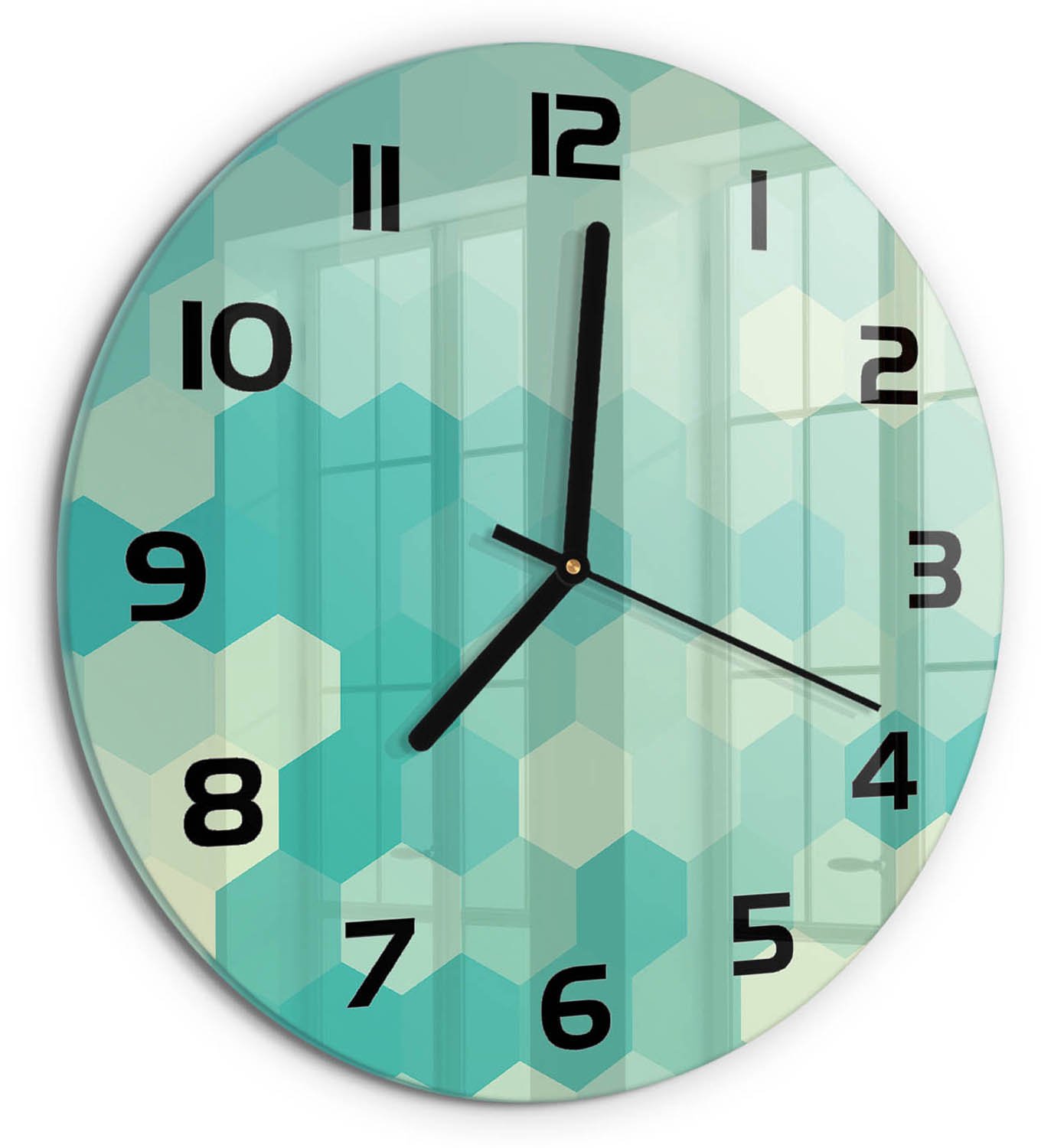 TULUP Wandklok - Geometrische achtergrond Decoratieve Glazen Klok - fi30 cm - Groente Glazen Wandklok Design - Zwarte handen - Ronde Klok - Glazen Klok Met Print - Wandklok Glas Met Motief