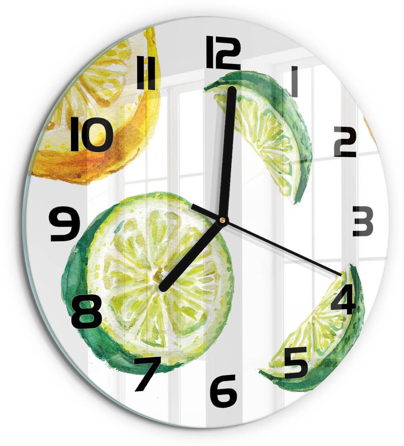 TULUP Wandklok - Citroen en limoen Gekleurde Glazen Klok - fi30 cm - Groente Glazen Klok Met Print - Zwarte handen - Ronde Klok - Moderne Wandklok Glas - Wandklok Glas Decoratie