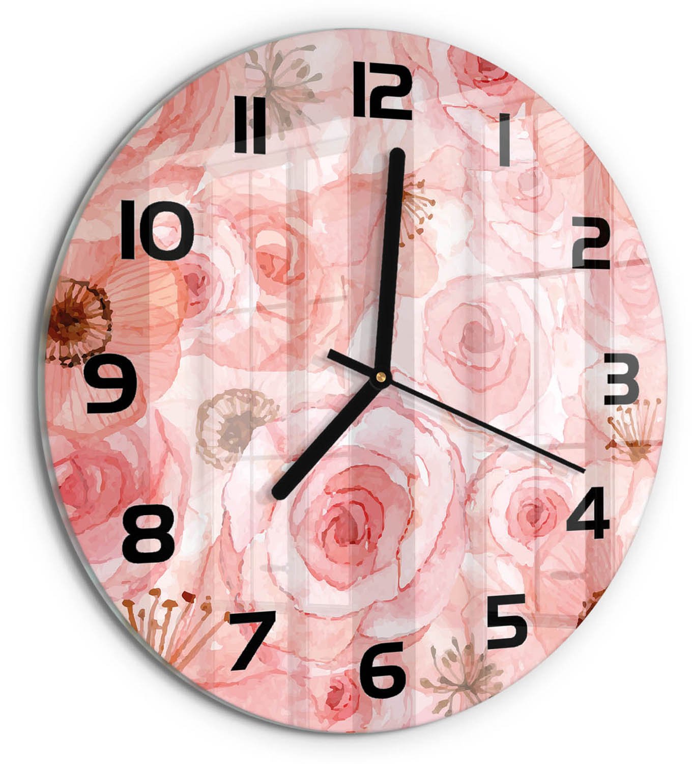 TULUP Wandklok - Bloemenpatroon Glazen Klok Met Print - fi30 cm - Roze Wandklok Glas Met Motief - Zwarte handen - Ronde Klok - Wandklok Glas Decoratie - Gekleurde Glazen Klok