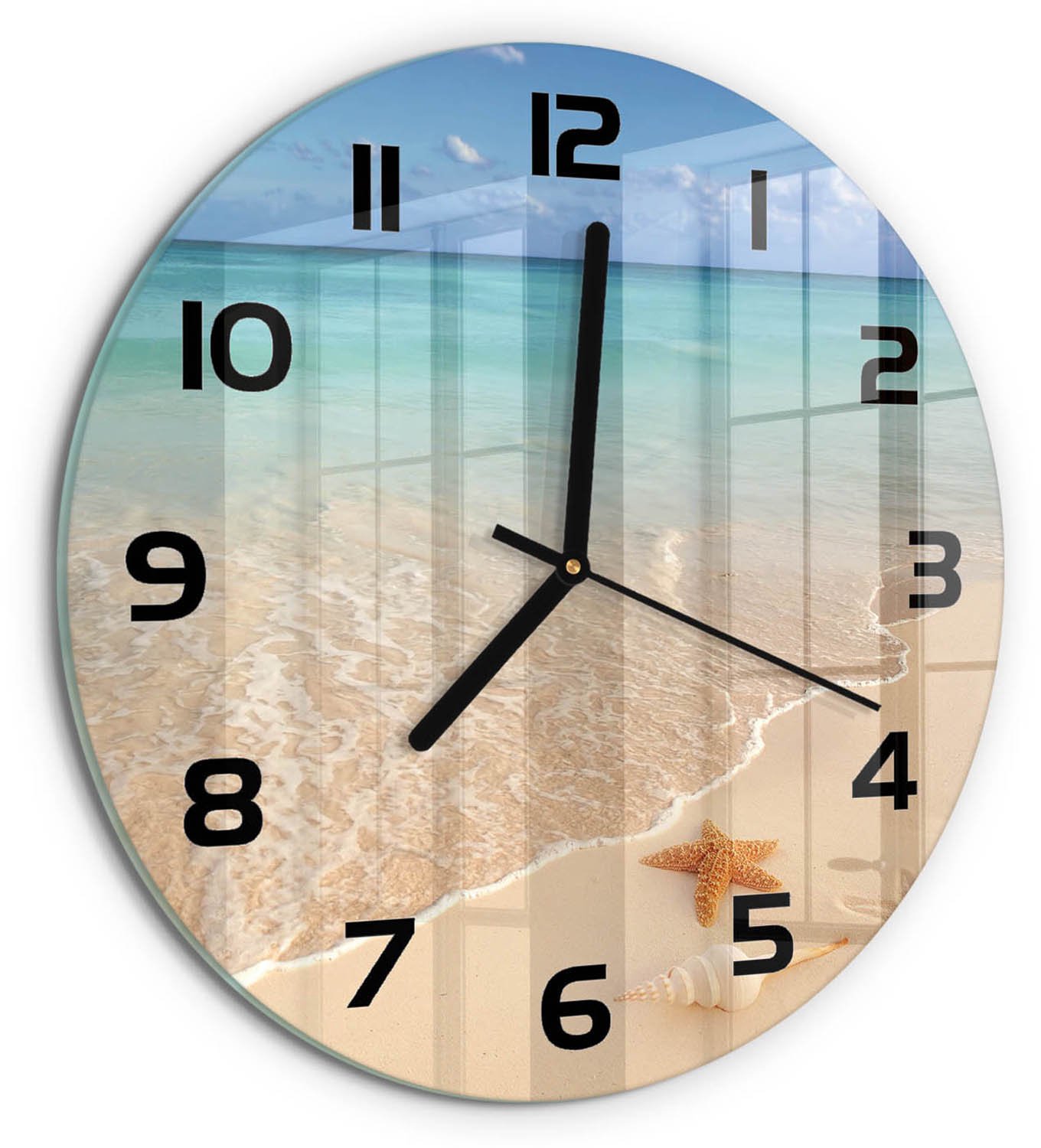 TULUP Wandklok - Zeesterren op het strand Wandklok Glas Decoratie - fi30 cm - Blauw Gekleurde Glazen Klok - Zwarte handen - Ronde Klok - Klok Glas Met Opdruk - Moderne Wandklok Glas