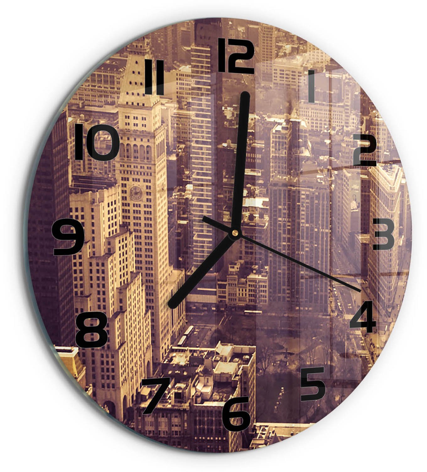 TULUP Wandklok - Manhattan, New York Decoratieve Glazen Klok - fi30 cm - Geel Glazen Wandklok Design - Zwarte handen - Ronde Klok - Glazen Klok Met Print - Wandklok Glas Met Motief