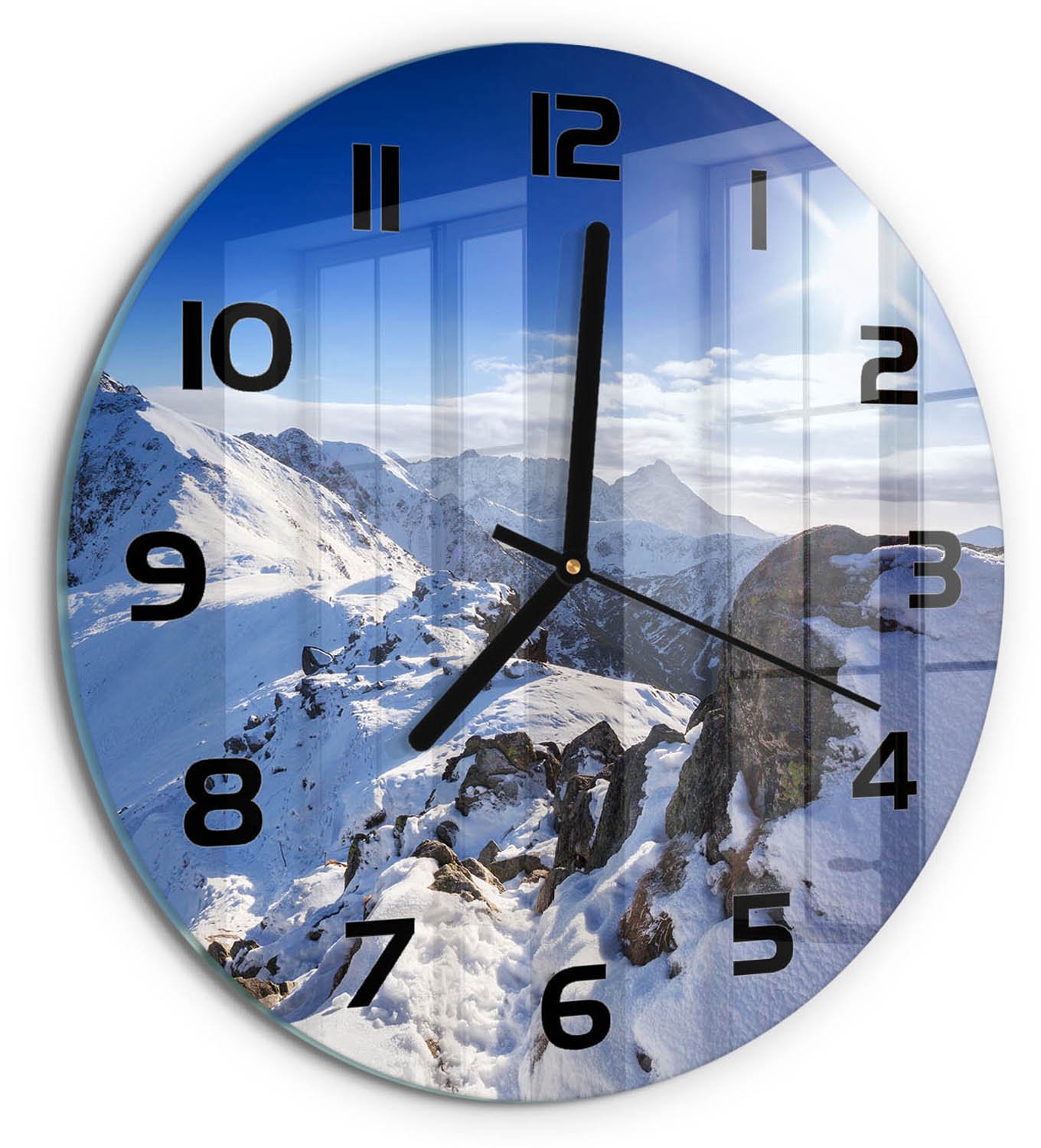 TULUP Wandklok - De top van het Tatragebergte Gekleurde Glazen Klok - fi30 cm - Blauw Glazen Klok Met Print - Zwarte handen - Ronde Klok - Moderne Wandklok Glas - Wandklok Glas Decoratie
