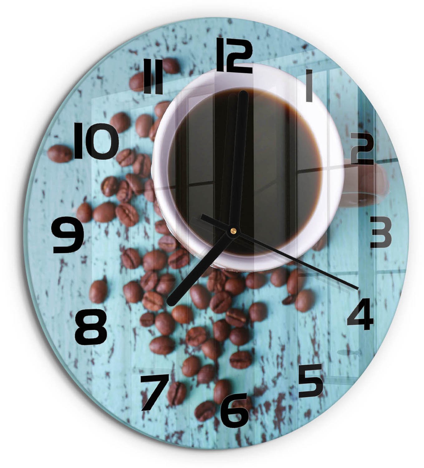 TULUP Wandklok - Zwarte koffie Moderne Wandklok Glas - fi30 cm - Bruin Wandklok Glas Decoratie - Zwarte handen - Ronde Klok - Glazen Wandklok Design - Klok Glas Met Opdruk