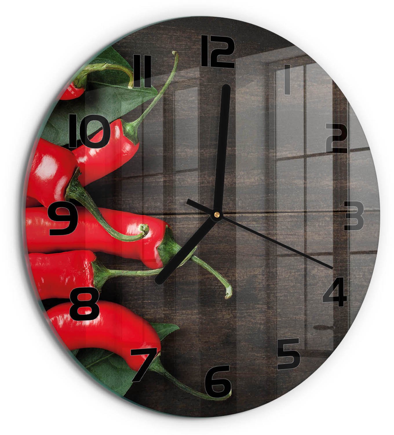 TULUP Wandklok - Chilipepers Moderne Wandklok Glas - fi30 cm - Rood Wandklok Glas Decoratie - Zwarte handen - Ronde Klok - Glazen Wandklok Design - Klok Glas Met Opdruk