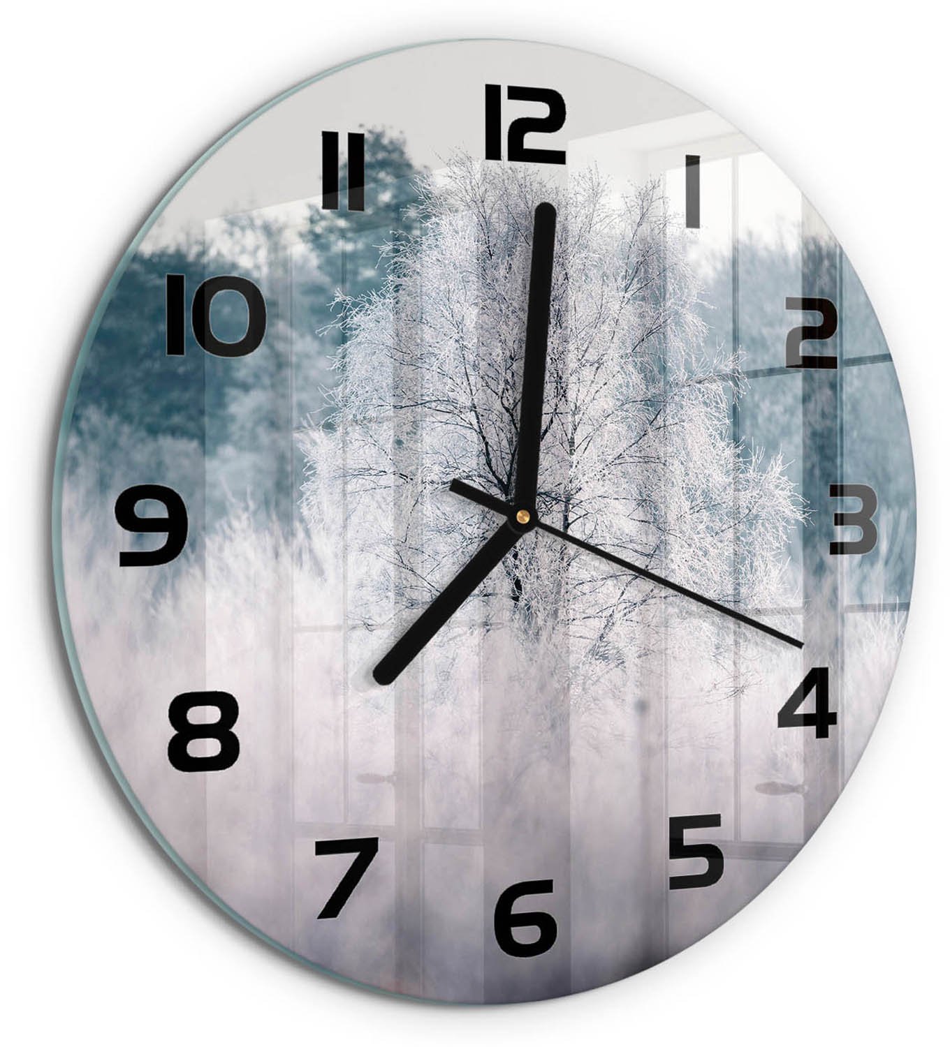 TULUP Wandklok - Winterbomen Moderne Wandklok Glas - fi30 cm - Grijs Wandklok Glas Decoratie - Zwarte handen - Ronde Klok - Glazen Wandklok Design - Klok Glas Met Opdruk