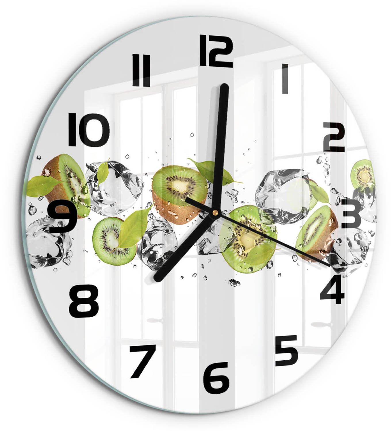 TULUP Wandklok - Kiwi en water Decoratieve Glazen Klok - fi30 cm - Groente Glazen Wandklok Design - Zwarte handen - Ronde Klok - Glazen Klok Met Print - Wandklok Glas Met Motief