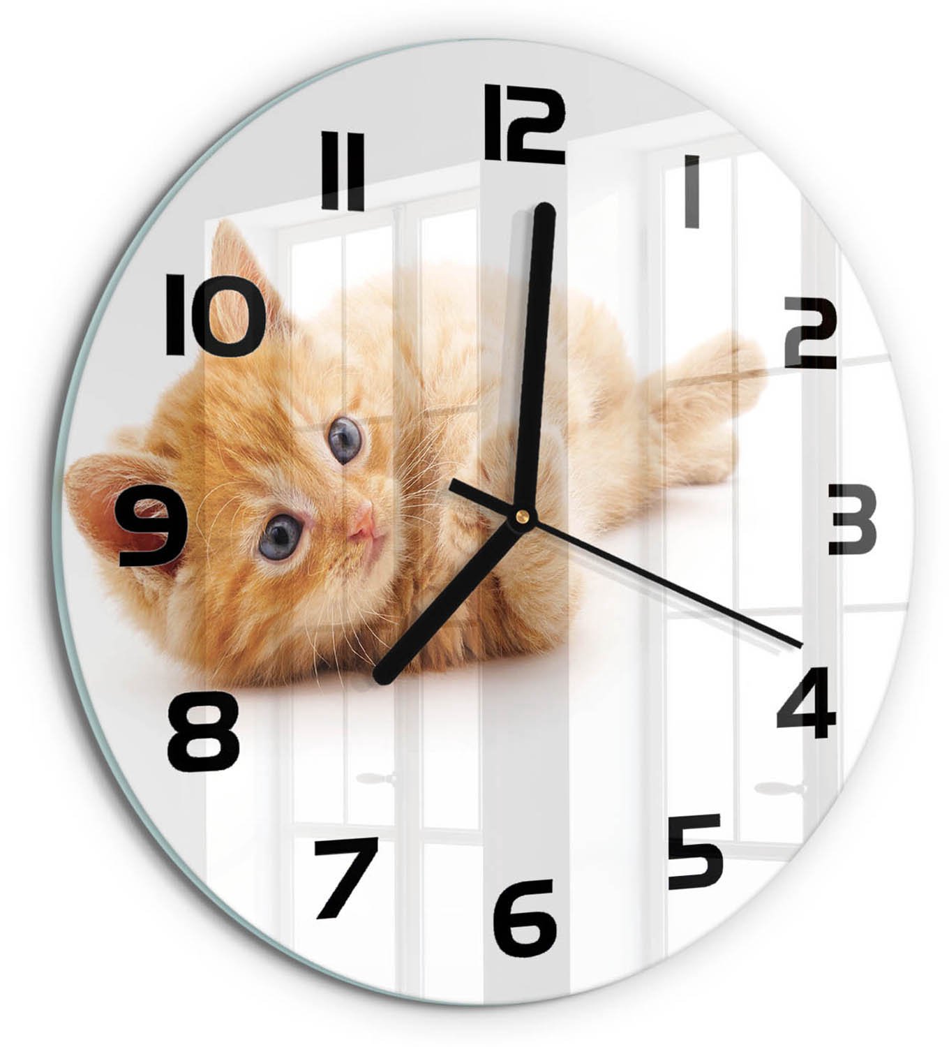 TULUP Wandklok - Rode Kat Decoratieve Glazen Klok - fi30 cm - Oranje Glazen Wandklok Design - Zwarte handen - Ronde Klok - Glazen Klok Met Print - Wandklok Glas Met Motief