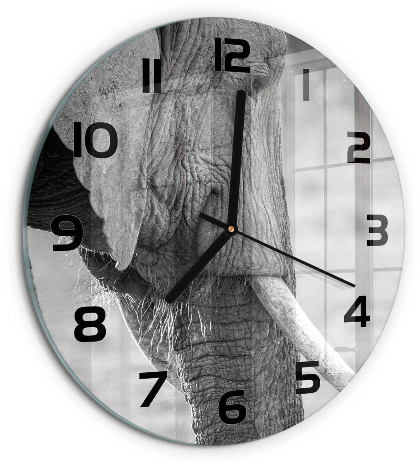 TULUP Wandklok - Olifant Decoratieve Glazen Klok - fi30 cm - Zwart-wit Glazen Wandklok Design - Zwarte handen - Ronde Klok - Glazen Klok Met Print - Wandklok Glas Met Motief