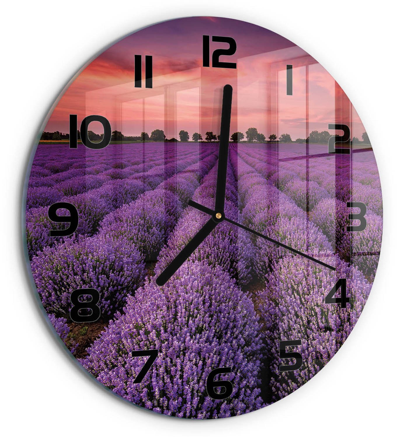 TULUP Wandklok - Lavendelveld Wandklok Glas Decoratie - fi30 cm - Paars Gekleurde Glazen Klok - Zwarte handen - Ronde Klok - Klok Glas Met Opdruk - Moderne Wandklok Glas