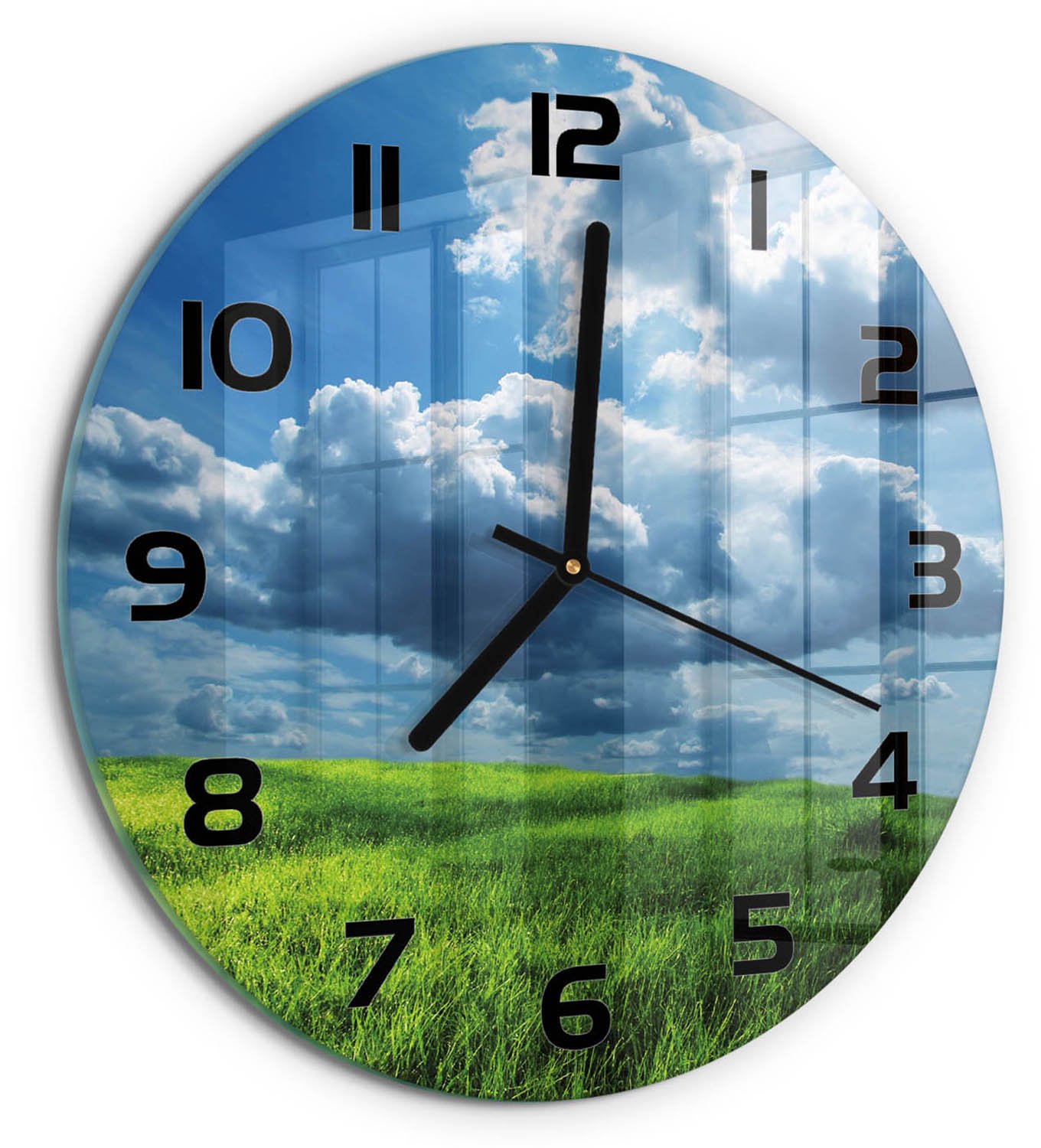 TULUP Wandklok - Wolken boven het veld Wandklok Glas Decoratie - fi30 cm - Groente Gekleurde Glazen Klok - Zwarte handen - Ronde Klok - Klok Glas Met Opdruk - Moderne Wandklok Glas