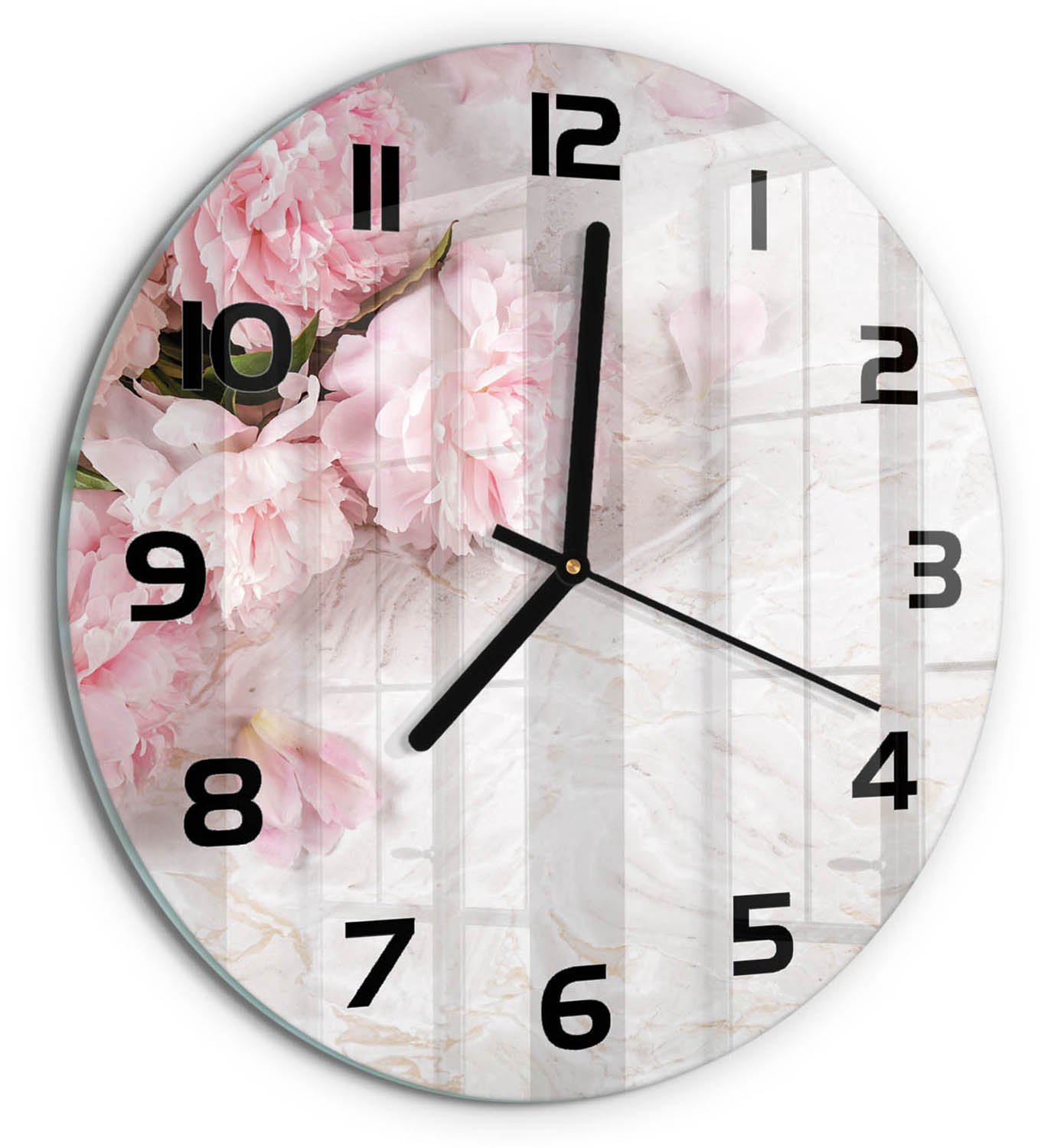 TULUP Wandklok - Pioenrozen Gekleurde Glazen Klok - fi30 cm - Roze Glazen Klok Met Print - Zwarte handen - Ronde Klok - Moderne Wandklok Glas - Wandklok Glas Decoratie