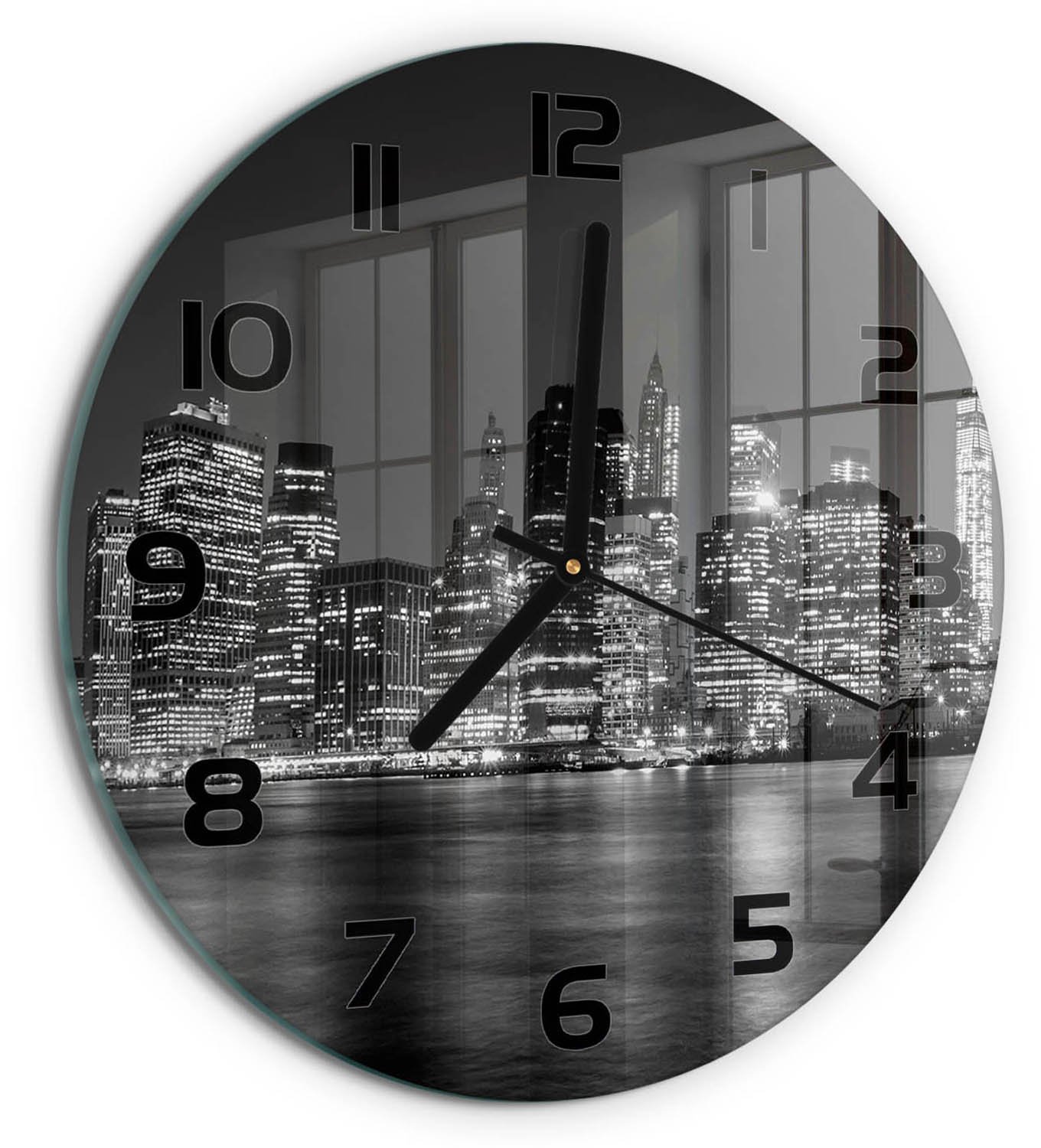 TULUP Wandklok - Manhattan 's nachts Glazen Wandklok Design - fi30 cm - Zwart-wit Klok Glas Met Opdruk - Zwarte handen - Ronde Klok - Wandklok Glas Met Motief - Decoratieve Glazen Klok