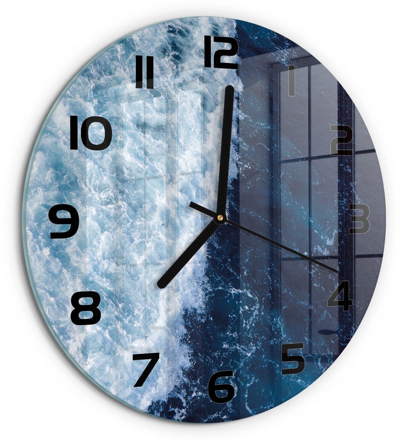 TULUP Wandklok - Oceaangolven Klok Glas Met Opdruk - fi30 cm - Blauw Moderne Wandklok Glas - Zwarte handen - Ronde Klok - Decoratieve Glazen Klok - Glazen Wandklok Design