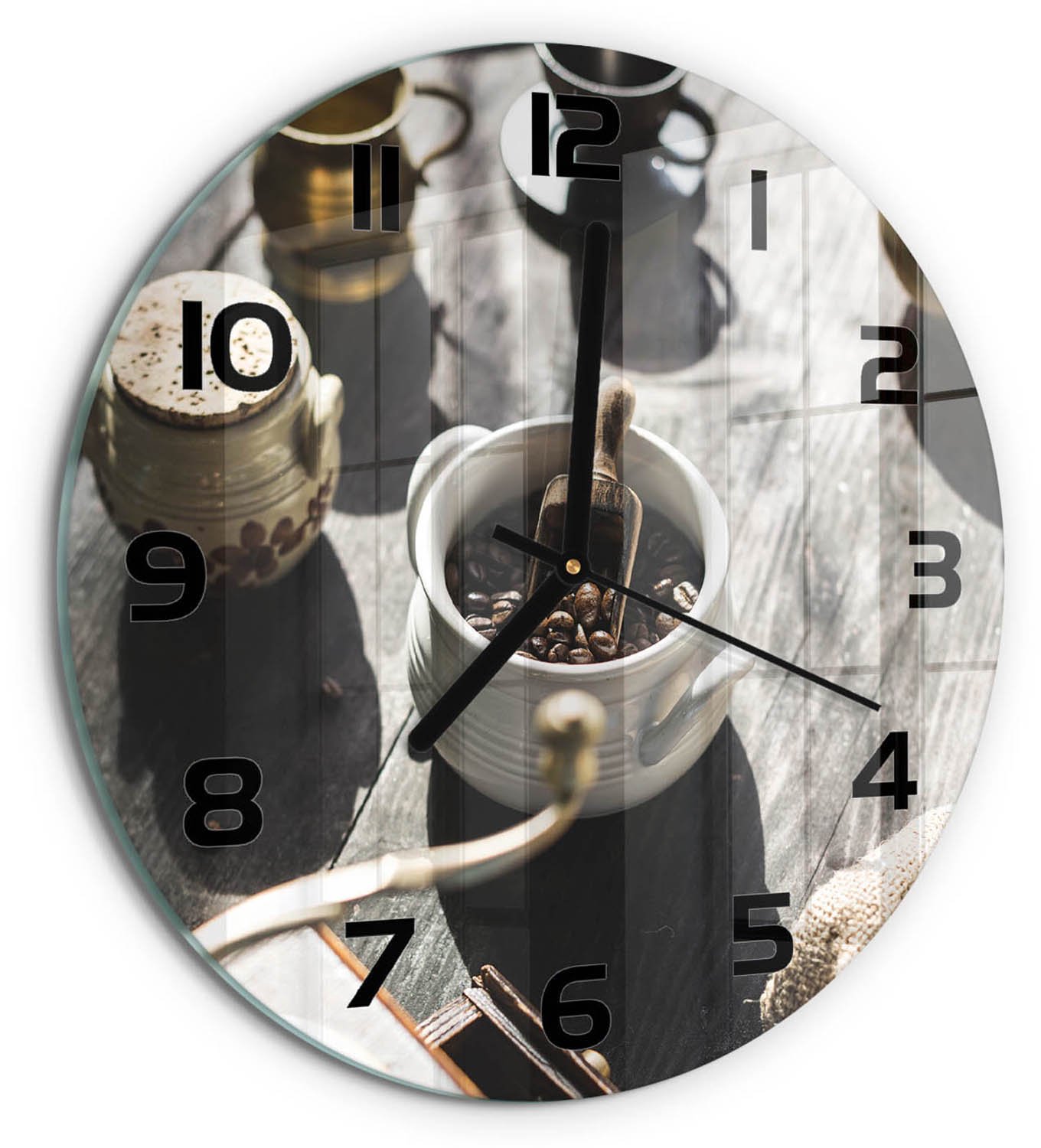 TULUP Wandklok - Koffiemolen Moderne Wandklok Glas - fi30 cm - Bruin Wandklok Glas Decoratie - Zwarte handen - Ronde Klok - Glazen Wandklok Design - Klok Glas Met Opdruk
