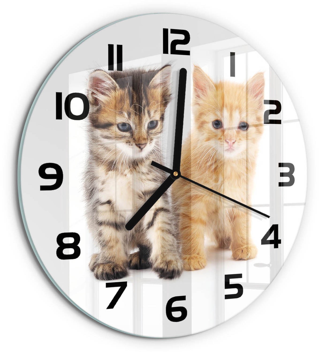 TULUP Wandklok - Bruinrode kat Decoratieve Glazen Klok - fi30 cm - Oranje Glazen Wandklok Design - Zwarte handen - Ronde Klok - Glazen Klok Met Print - Wandklok Glas Met Motief