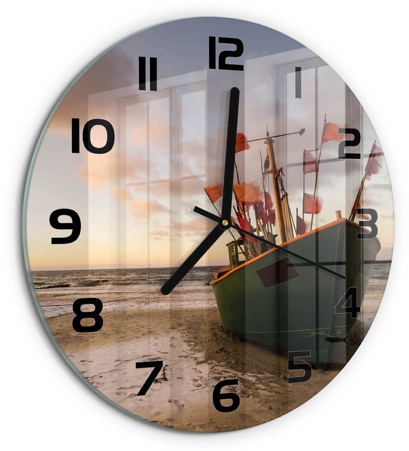 TULUP Wandklok - Strand met vissersboten Wandklok Glas Met Motief - fi30 cm - Groente Decoratieve Glazen Klok - Zwarte handen - Ronde Klok - Gekleurde Glazen Klok - Glazen Klok Met Print