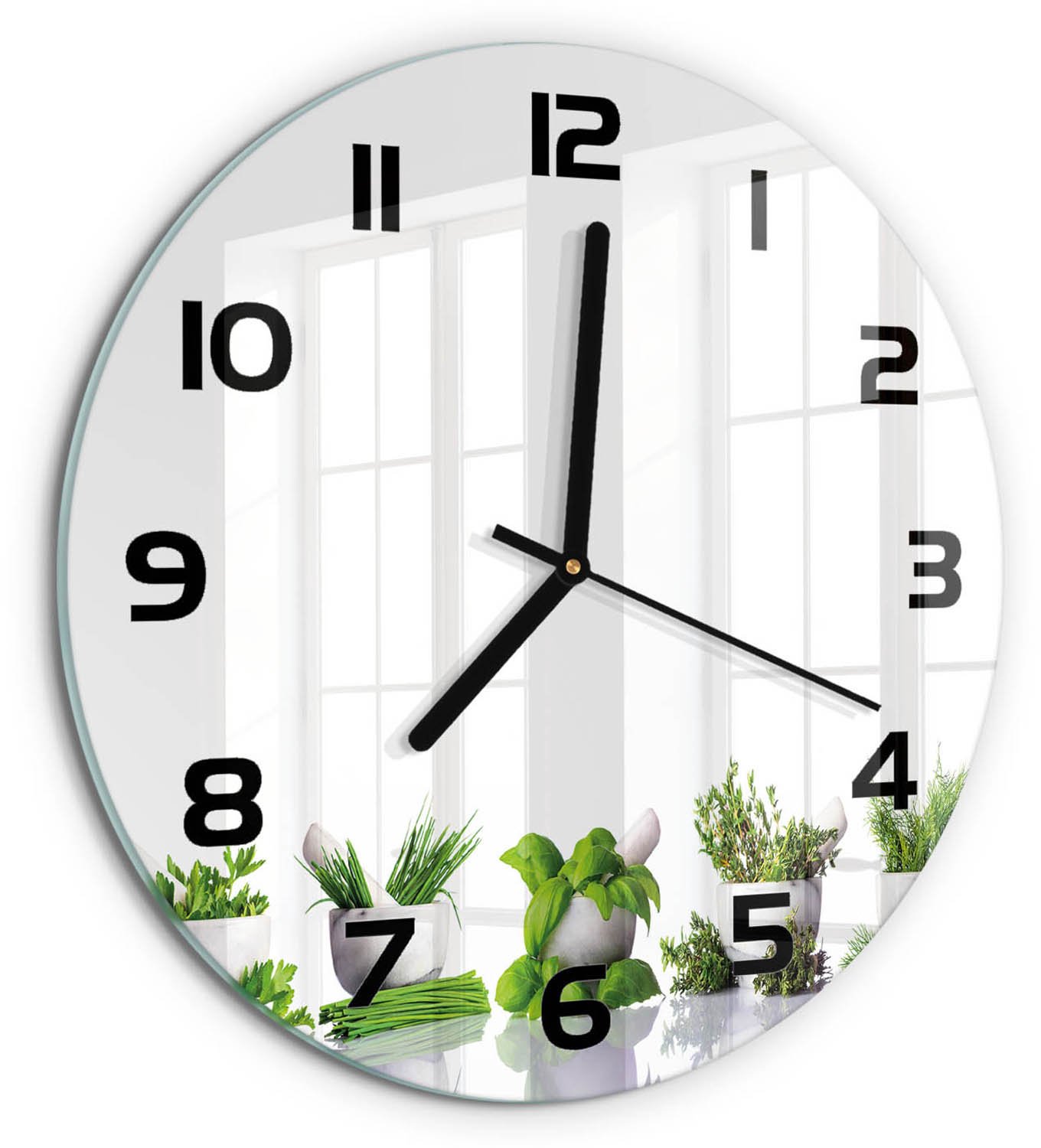 TULUP Wandklok - Kruiden Klok Glas Met Opdruk - fi30 cm - Groente Moderne Wandklok Glas - Zwarte handen - Ronde Klok - Decoratieve Glazen Klok - Glazen Wandklok Design