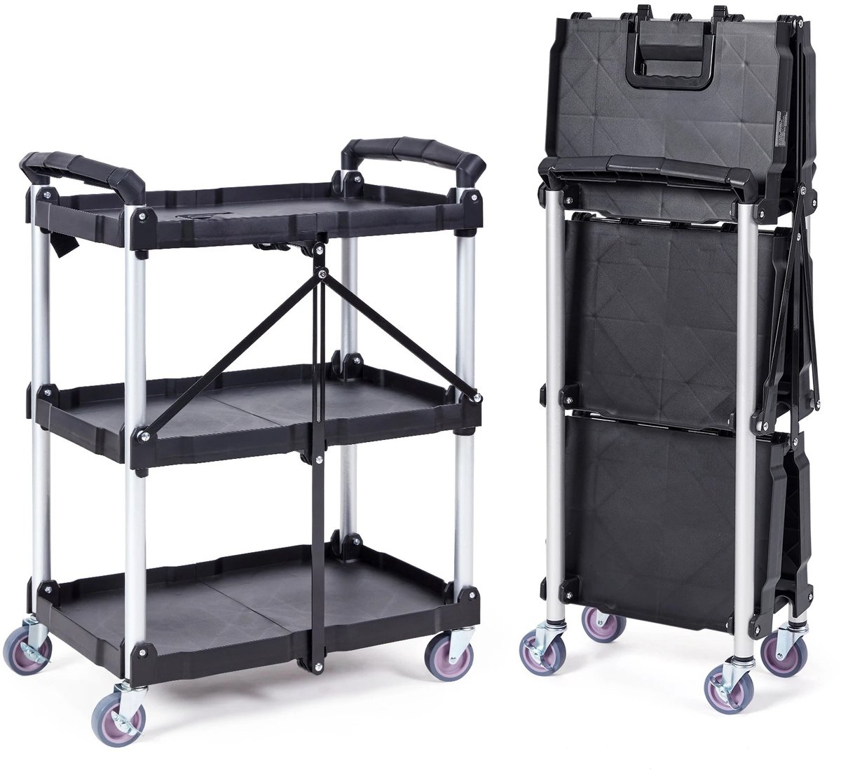 Opvouwbare serveerwagen - Karretje opvouwbaar - Plateauwagen inklapbaar - 75 kg draagvermogen - 3x plateau - 65,1 × 39,2 × 83,2 cm