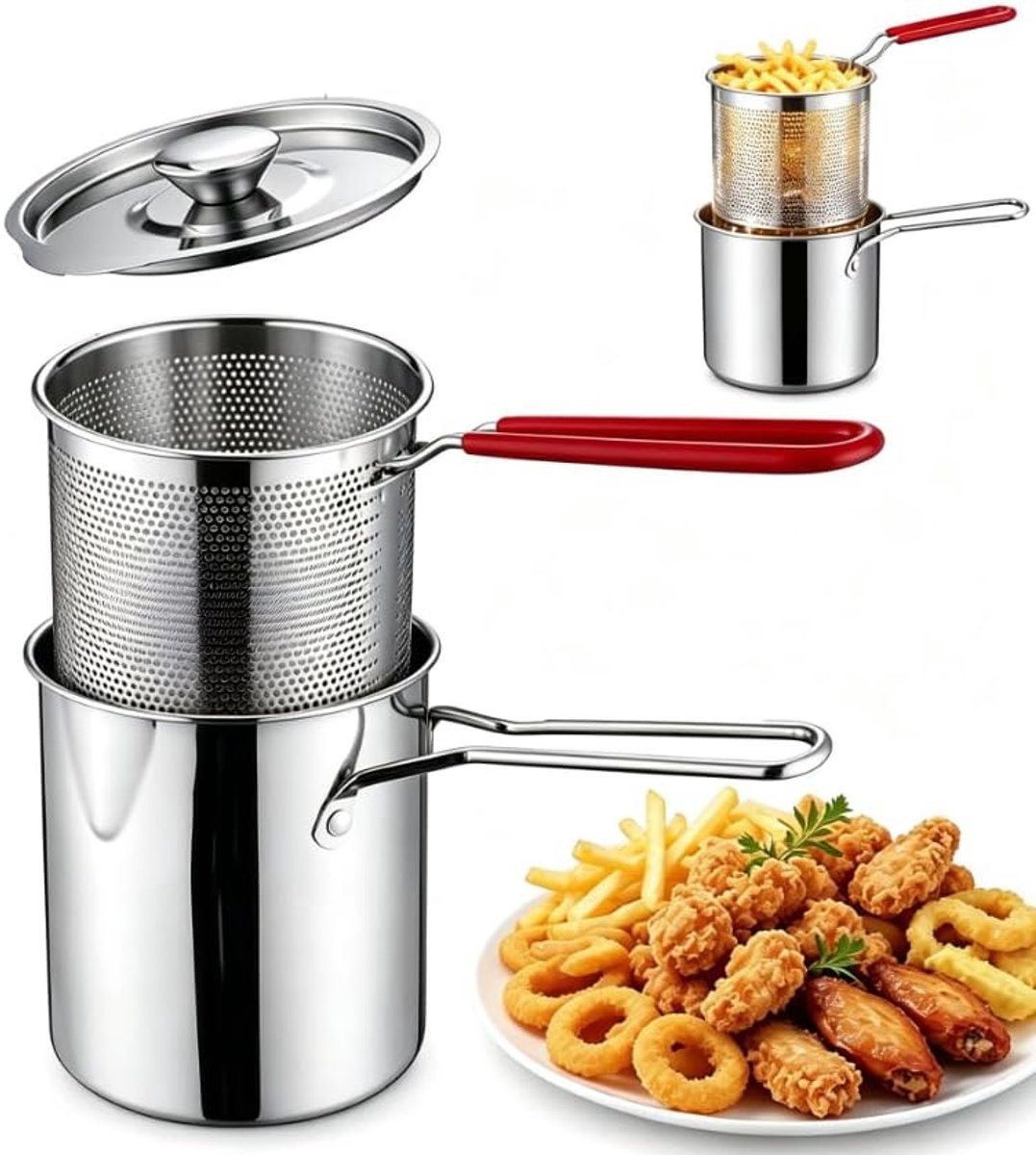 KZQ Friteuse set - Mini frituurpan met mandje en oliecontainer, 304 RVS, 1-1.5L - Voor gas en inductie, vaatwasserbestendig