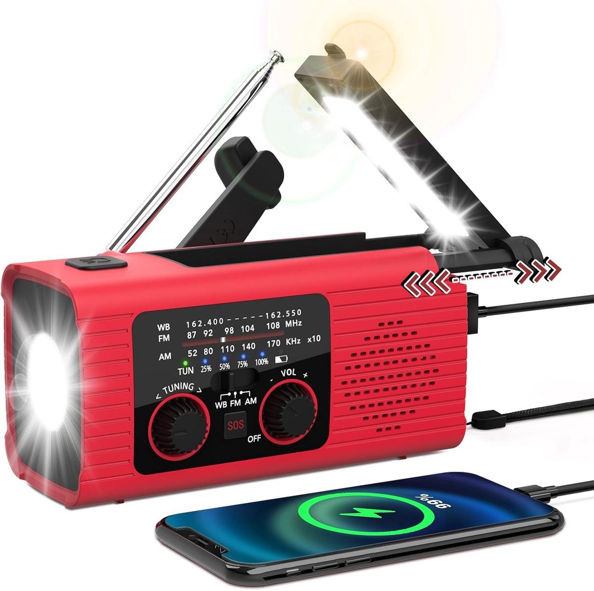 casalora - Noodradio - Noodradio Solar Opwindbaar - 4.000mAh - Noodradio Opwindbaar en Batterij - Draagbare Radio - Solar powerbank - Powerbank Zonneenergie - Noodpakket - Zaklamp - SOS Alarm - Kamperen & Outdoor