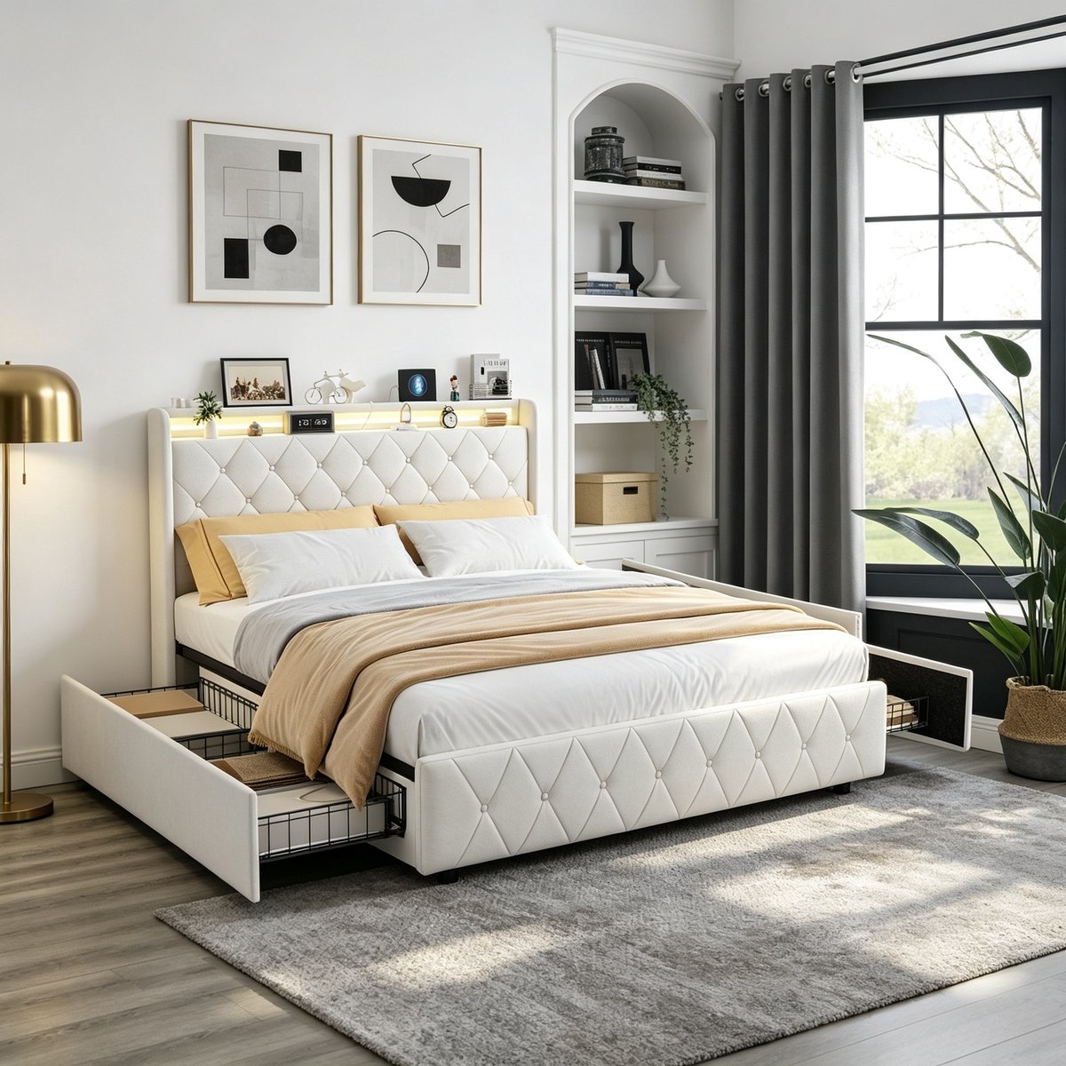 ROSAHQNDA Tweepersoonsbed 140x200 cm, gestoffeerd opbergbed met 4 lades en hoofdbord met opbergvak, fluweel, beige, zonder matras