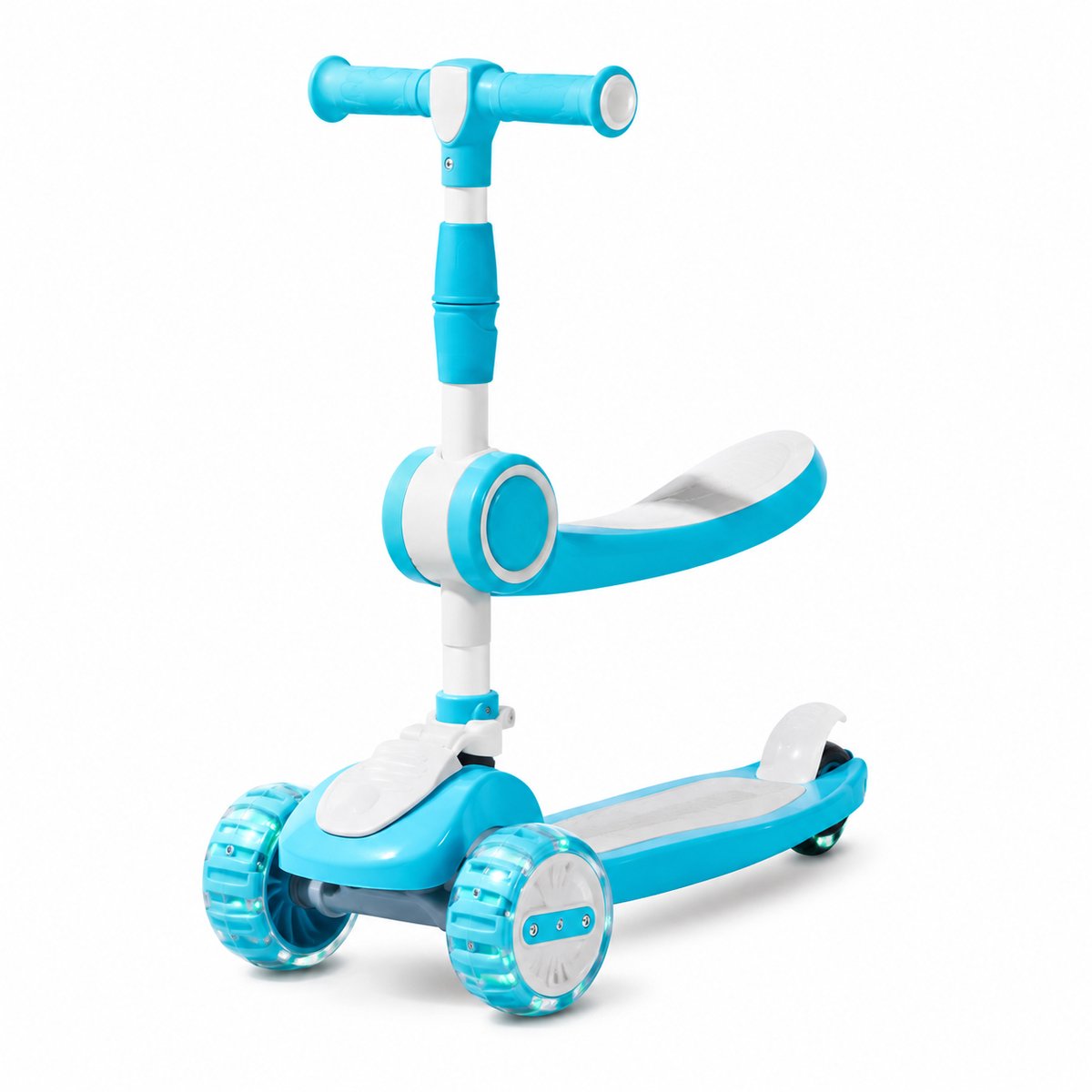 Kinderstep 2-in-1 met Zitje – 3 Wielen – LED Verlichting – Verstelbaar Stuur – Blauw