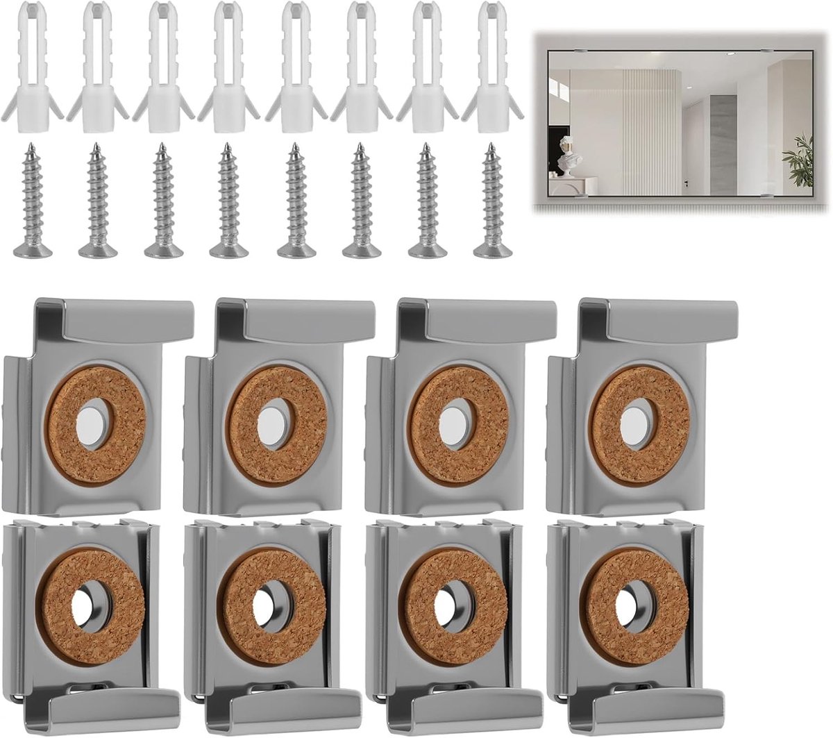 Set van 8 Verstelbare Wandspiegelhouders met Veerklem, Stevige Montage voor Zware Spiegels in Badkamer, Woonkamer en Hal, Inclusief Schroeven en Pluggen