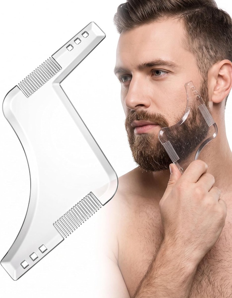 Beard shaping tool met geïntegreerde kam, transparante sjabloon voor het stylen van baard, snor en kaaklijn, ideaal voor precisie en verzorging