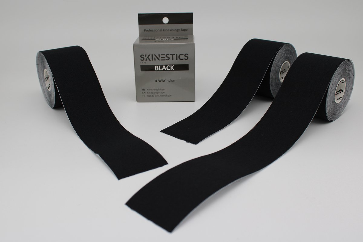 Triple pack Skinestics Sport tape – Fysio tape – Kleur zwart 4-way – nu 20% langer, 600 cm lang bij 5 cm breed, 170% rekbaar gelijk aan menselijke huid, standaard voorzien van extra sterke lijm, katoen, voor het hele lichaam