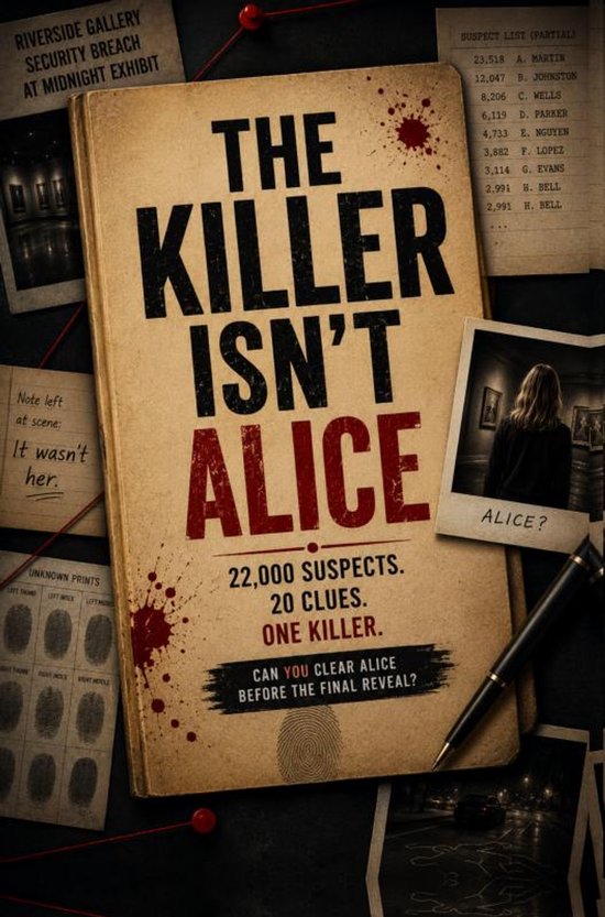 Boekomslag voor 'The Killer Isn’t Alice' met de tekst '22.000 verdachten. 20 aanwijzingen. Één moordenaar.'