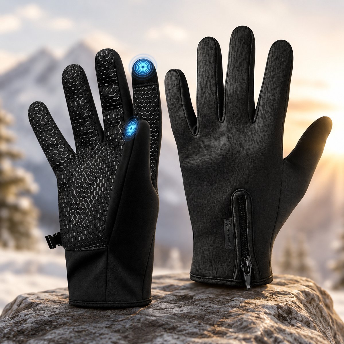 Thermische Fietshandschoenen met Touchscreen en Rits, Zwart, voor Mannen en Vrouwen.De maat is M