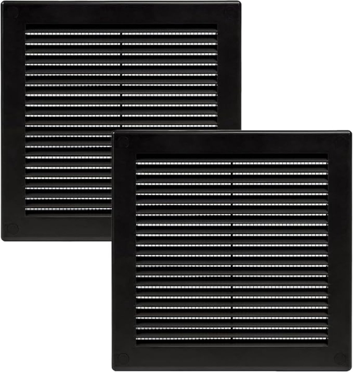 Ventilatierooster 200 x 200 mm zwart met vliegengaas - 2 stuks - vierkant