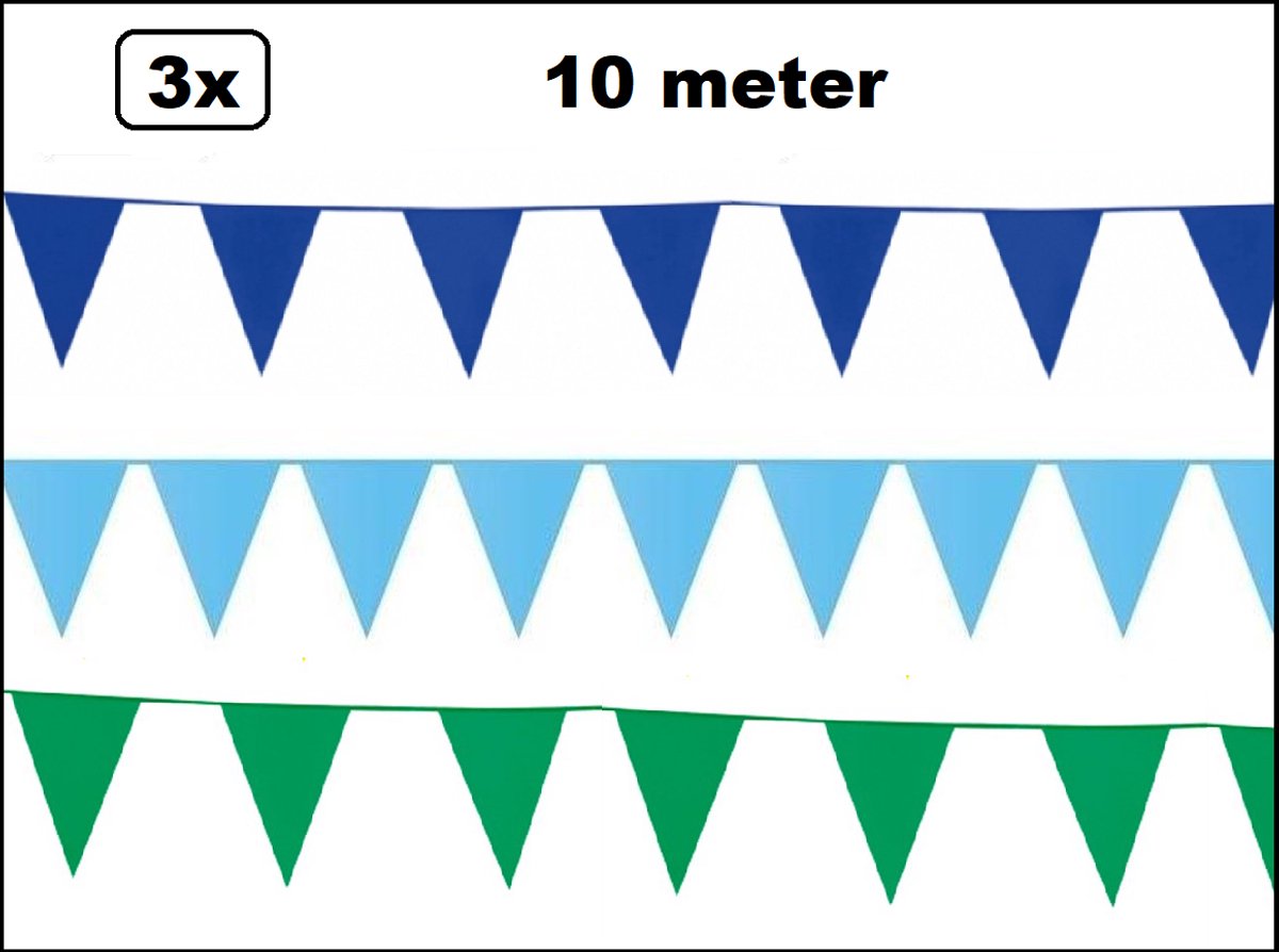 3x Vlaggenlijn blauw/lichtblauw/groen 10 meter- totaal 30 meter - Foute party versiering slinger themafeest