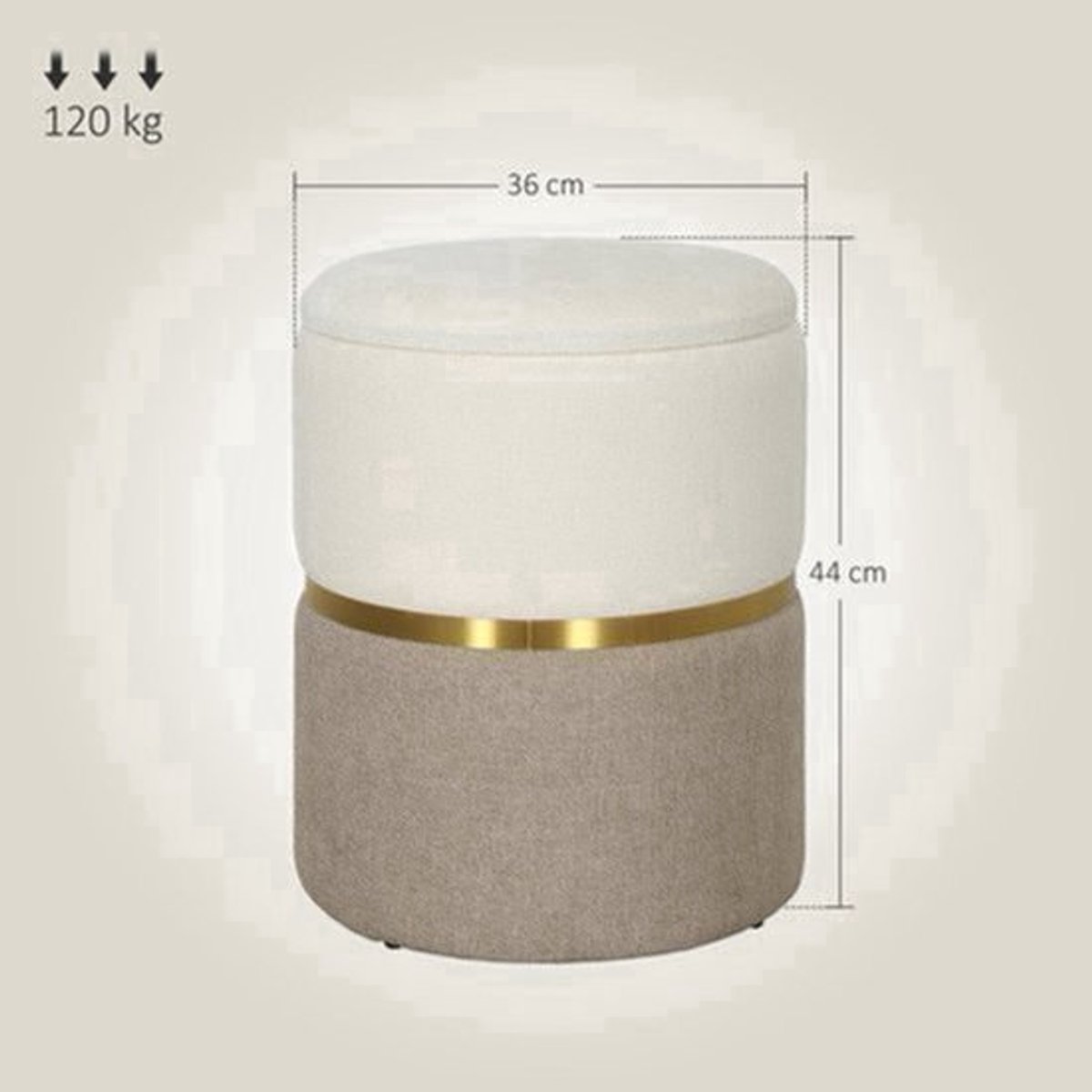 Poef – Opbergpoef – Zitzak – Voetenbankje – Hocker – Ronde Opbergpouf – Crème Wit Met Gouden Accenten – Zachte Chenille Zitting Met 30L Opbergruimte – Stevige MDF Constructie Met Metaalring 36x36x44 cm